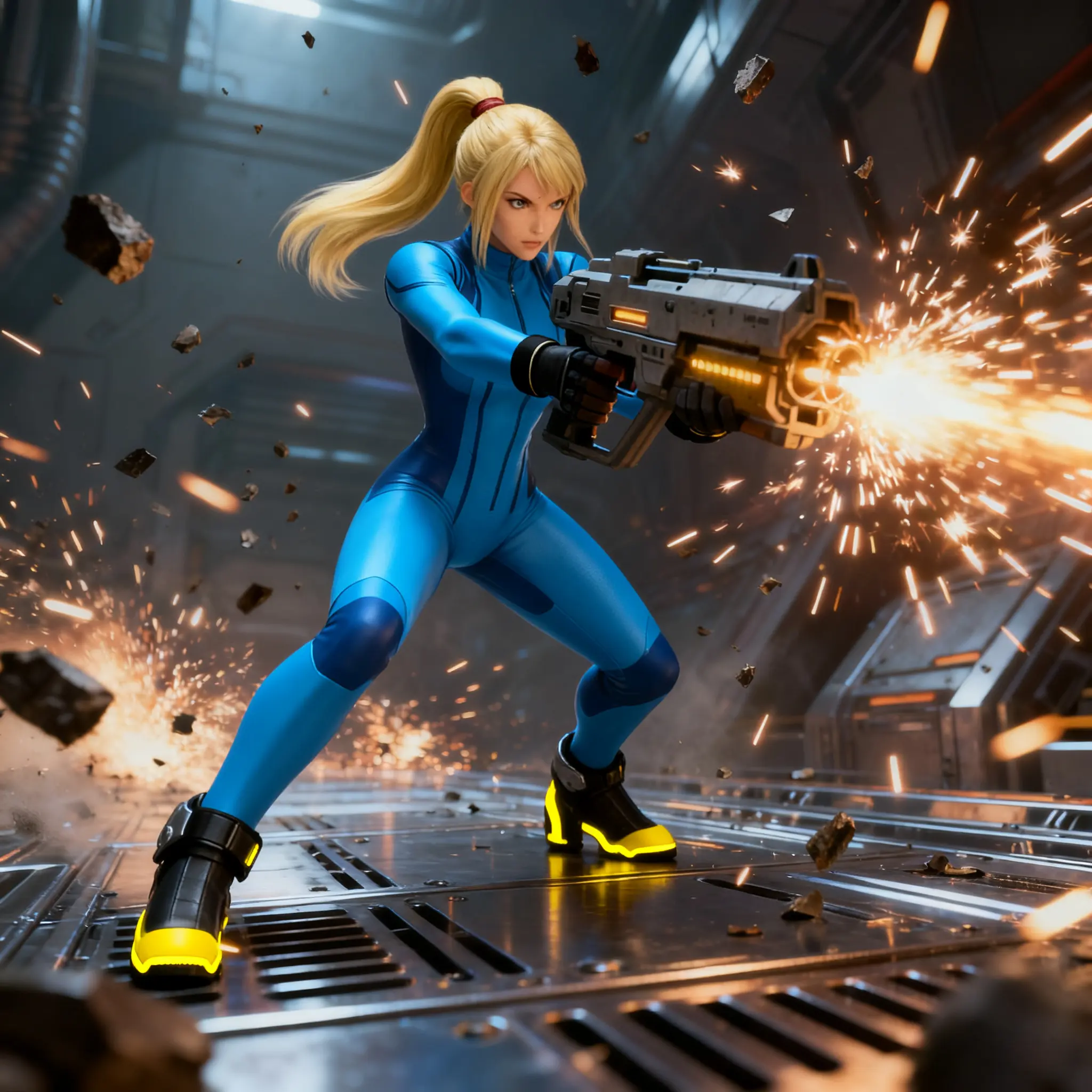 Zero Suit Samus fires paralyzer gun in intense sci-fi battle scene, dynamic action.