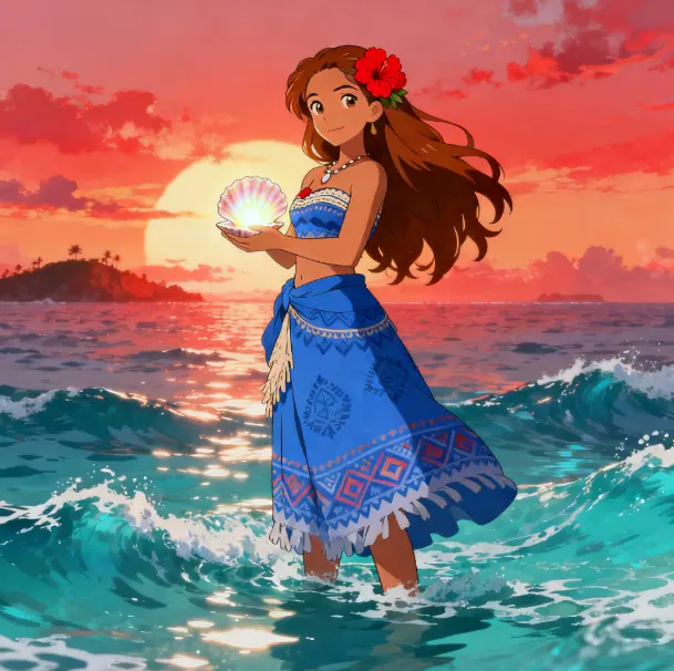 Moana in ocean waves, wearing traditional outfit, smiling, vibrant colors, animated style.