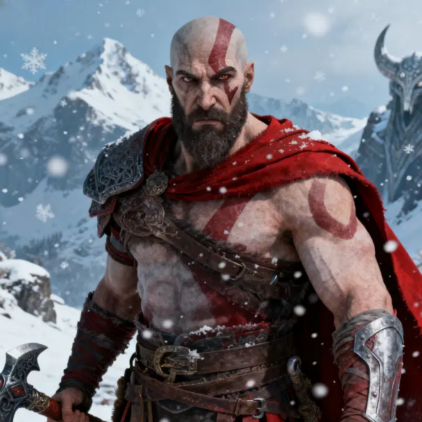 Kratos standing with shield, snowy mountain backdrop, determined stance.