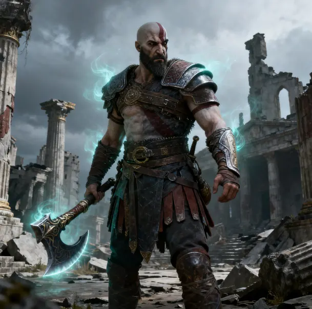 Kratos in battle armor, axe raised, intense expression, dark background.