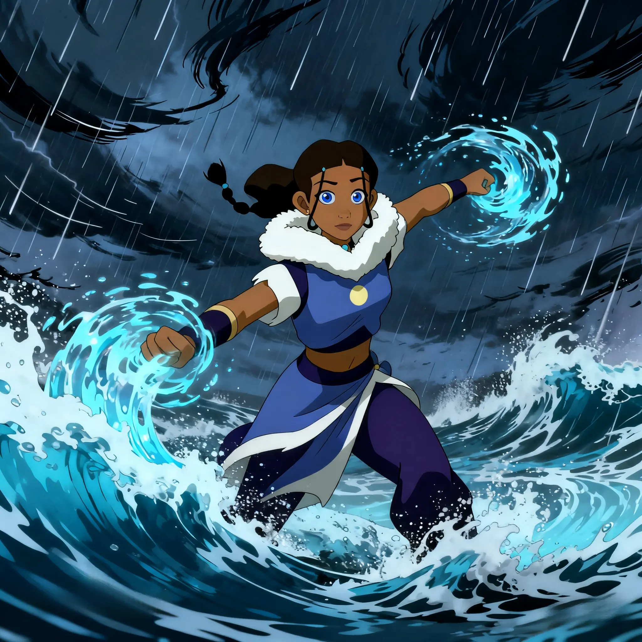 Katara waterbending in stormy ocean, determined stance