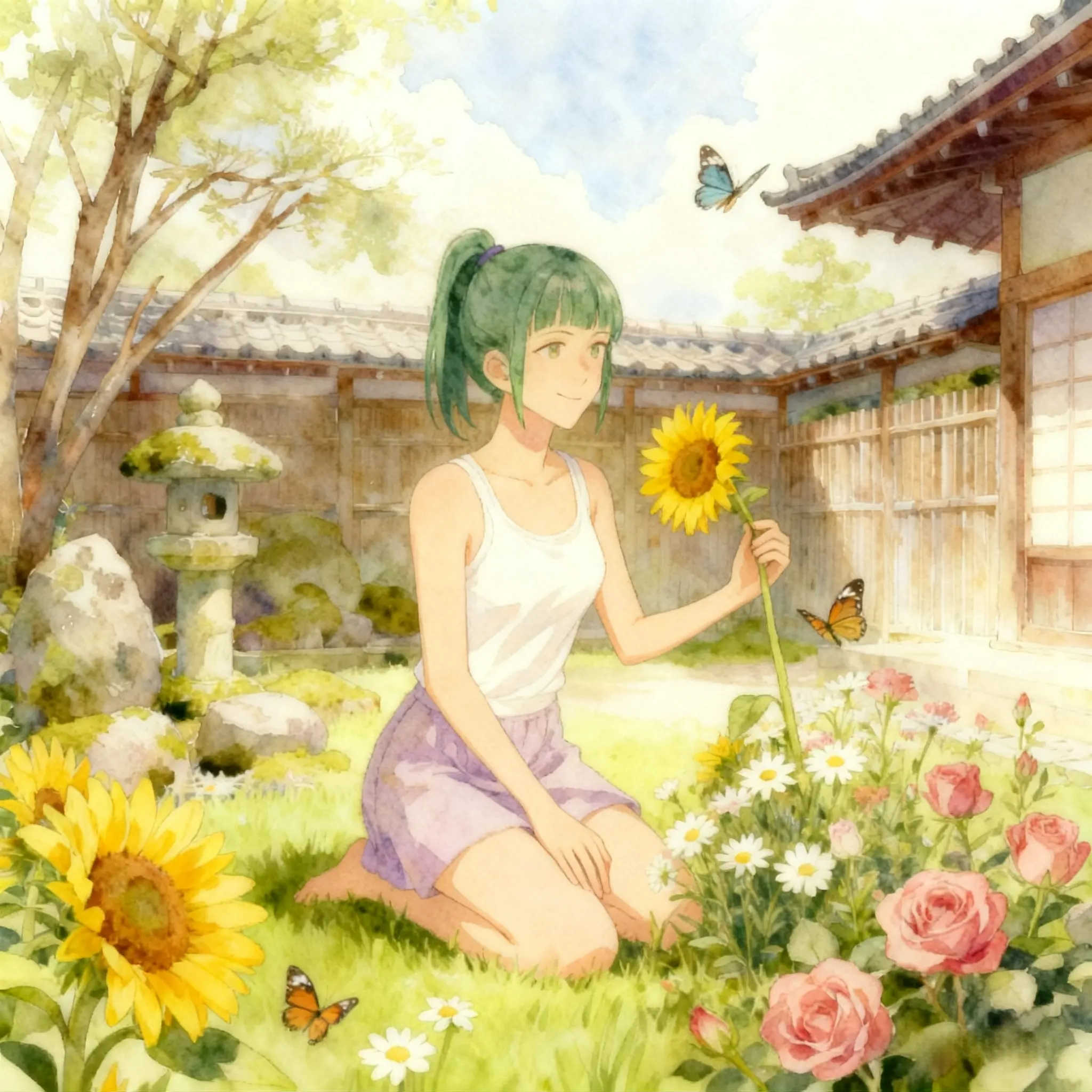 Zenin Maki in casual wear admiring flowers in a Japanese garden.