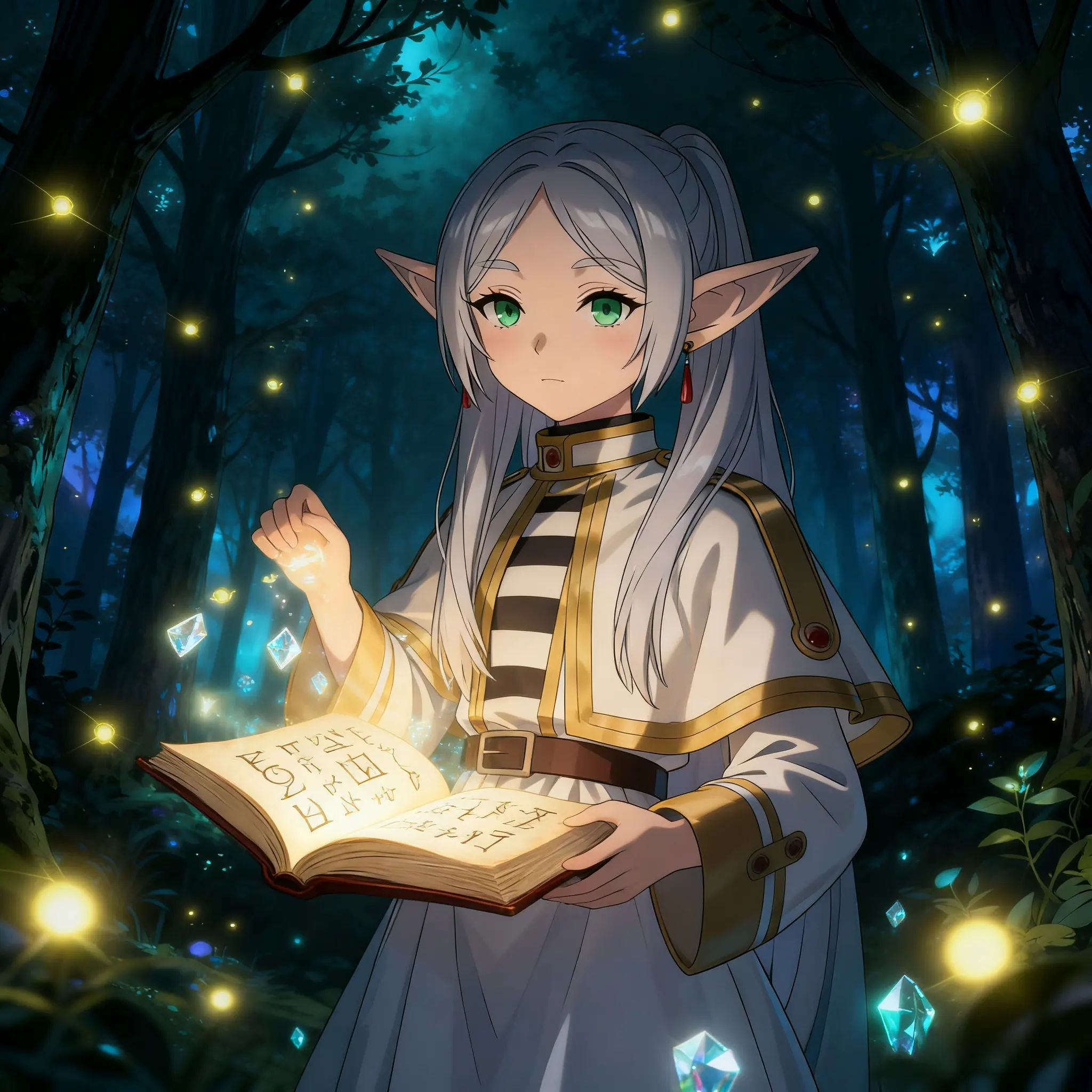 Elven mage Frieren interacting with magical runes and an ancient book in this elegant fan art