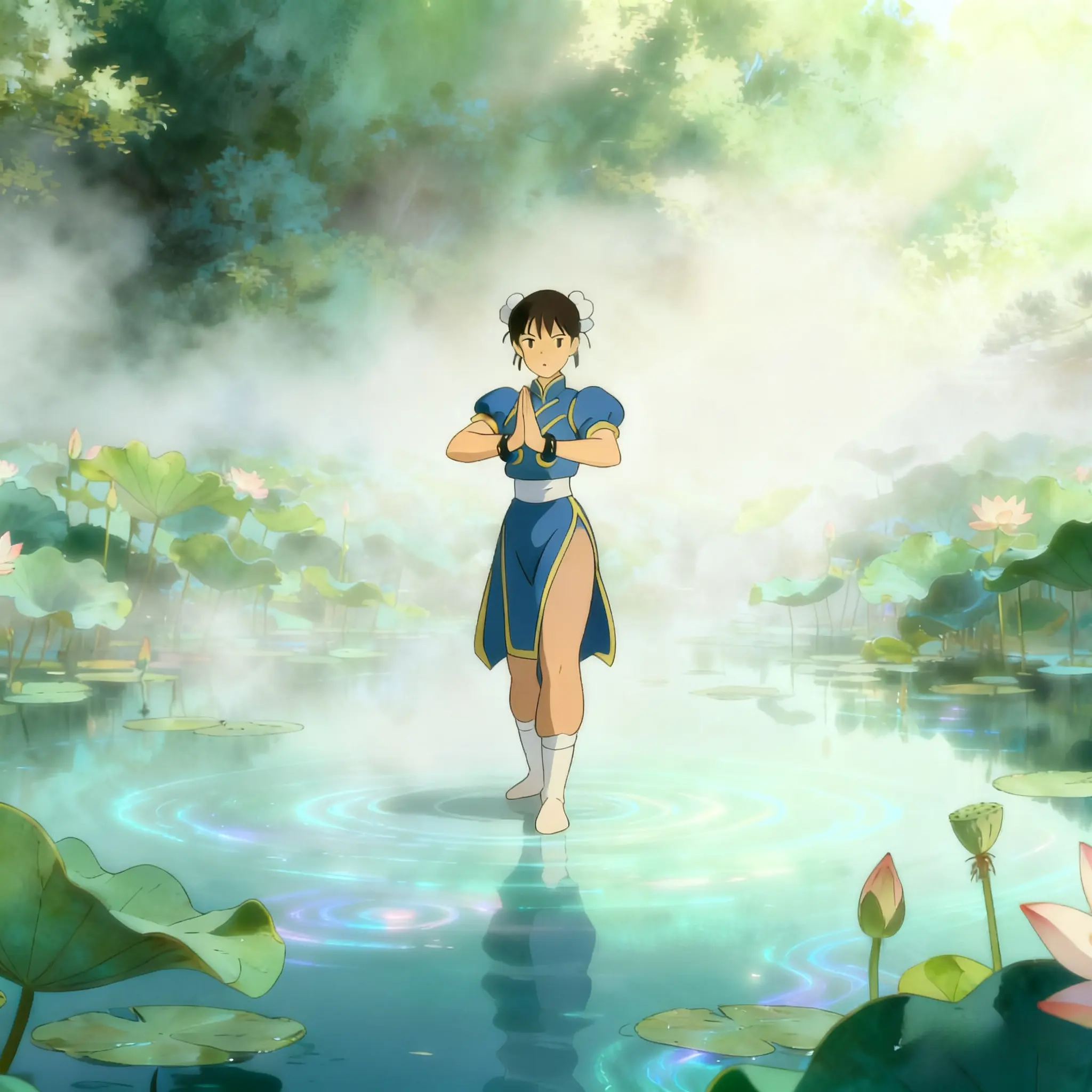 A Studio Ghibli style fan art of Chun-Li practicing qigong by a misty lotus pond at dawn.