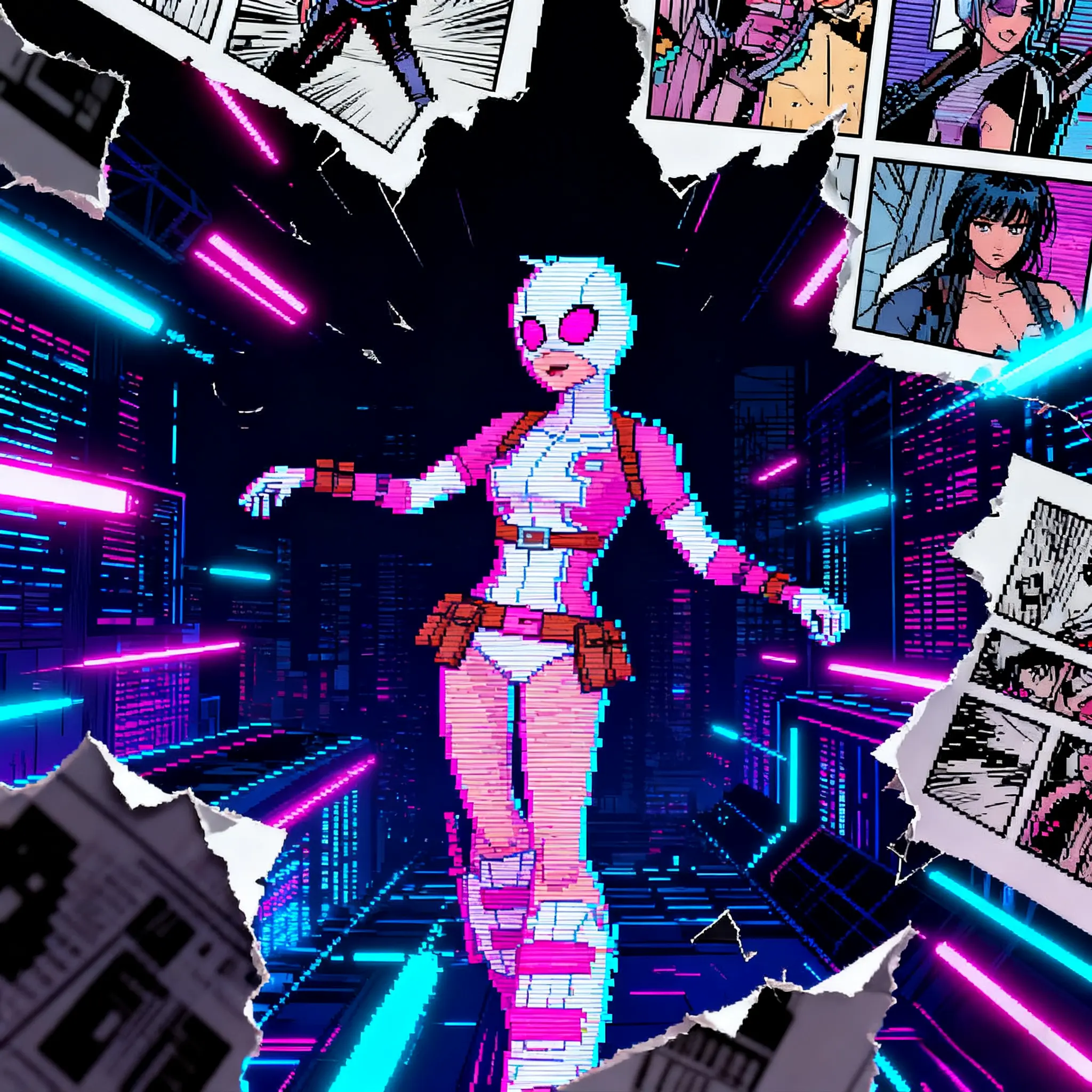 Pixel art Gwenpool in neon cyberpunk city with comic panels