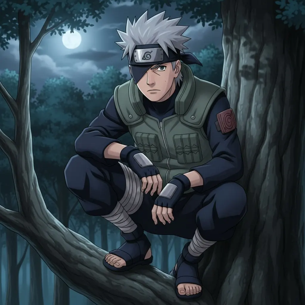 A young Kakashi Hatake crouches on a tree branch at night, illuminated by a full moon.