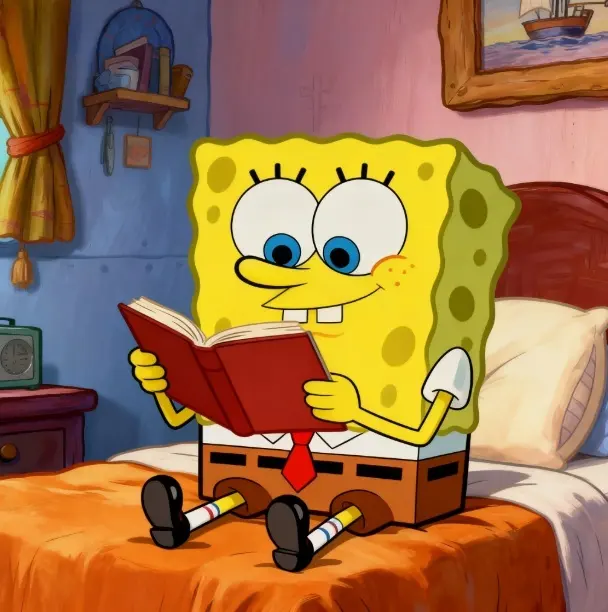 SpongeBob reads red book on bed in his bedroom, with nightstand, radio, and painting around.