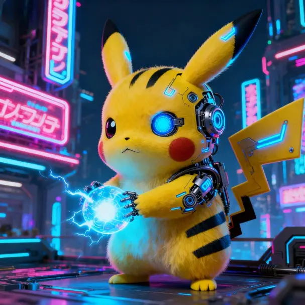 Cyberpunk Pikachu with neon lights, mechanical arm holding glowing electric orb.