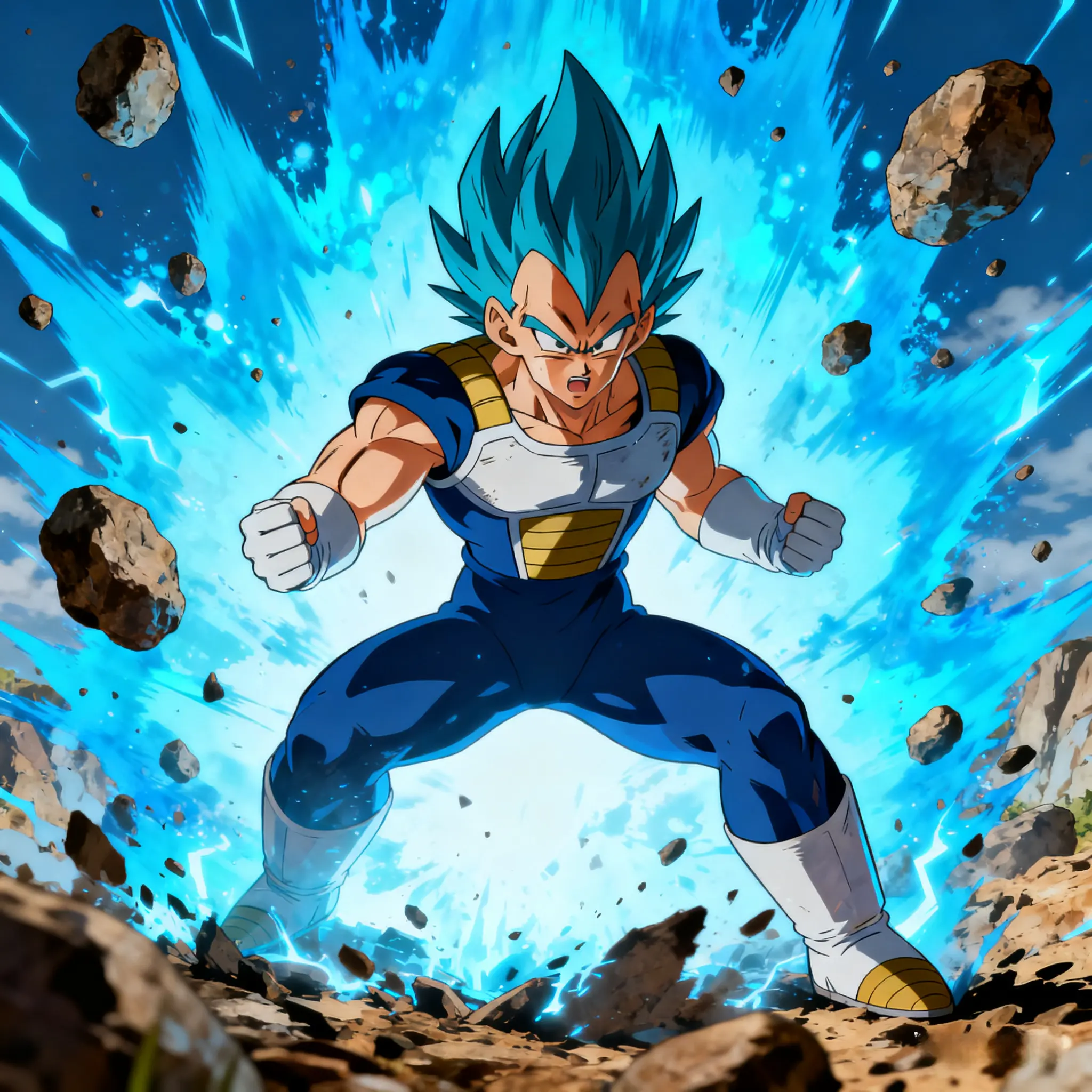 Vegeta in Super Saiyan Blue, explosive aura, dynamic action scene