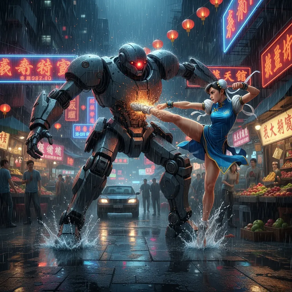 Hyperrealistic fan art of Chun-Li battling a giant mechanical opponent in a Hong Kong night market, with dynamic lighting and water splashes.