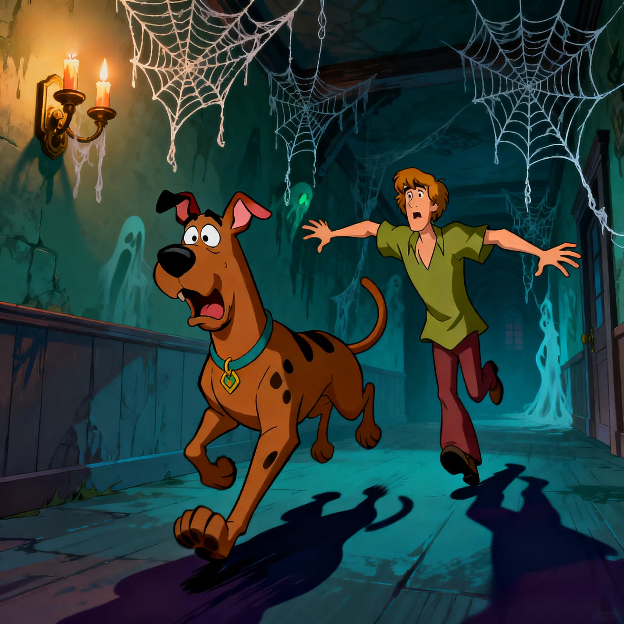 Scooby Doo and Shaggy running through spooky mansion, classic cartoon style