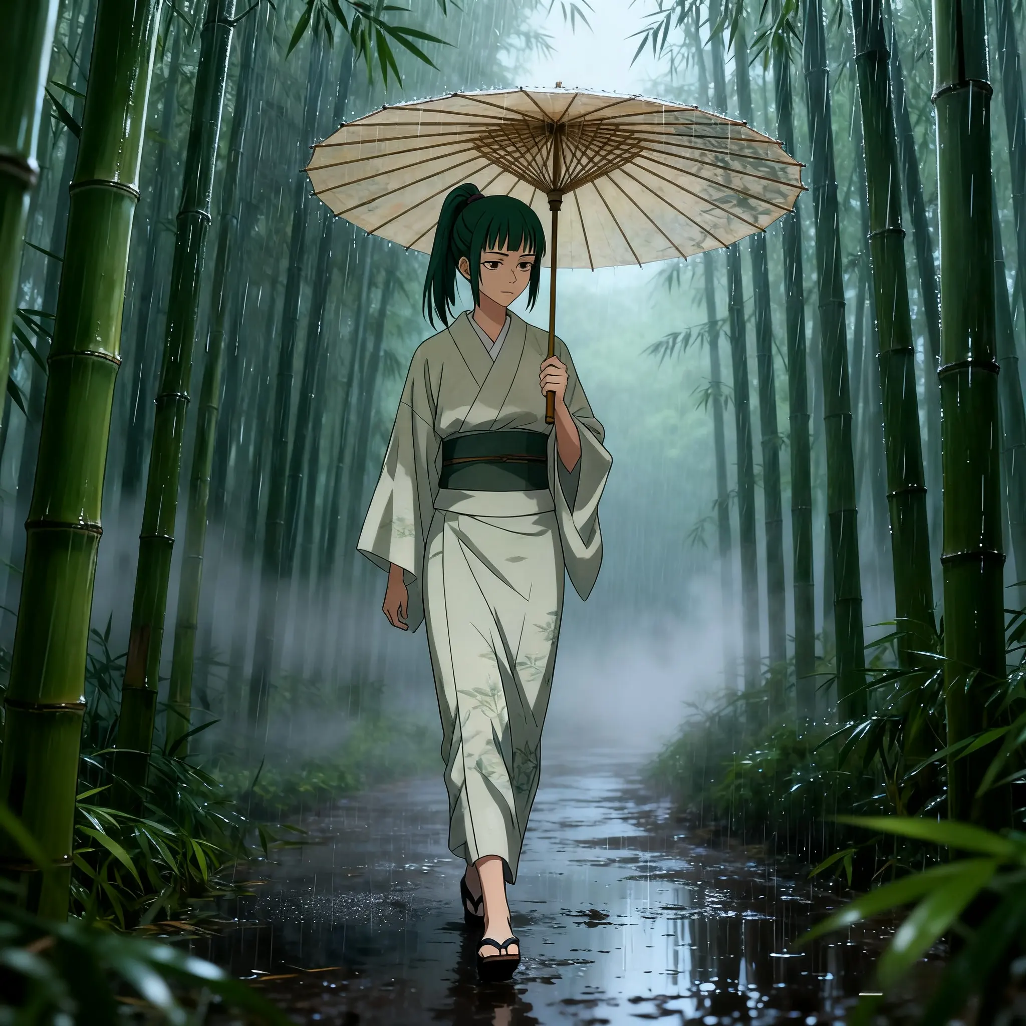 Zenin Maki in kimono walking under a paper umbrella through a rainy bamboo path. 