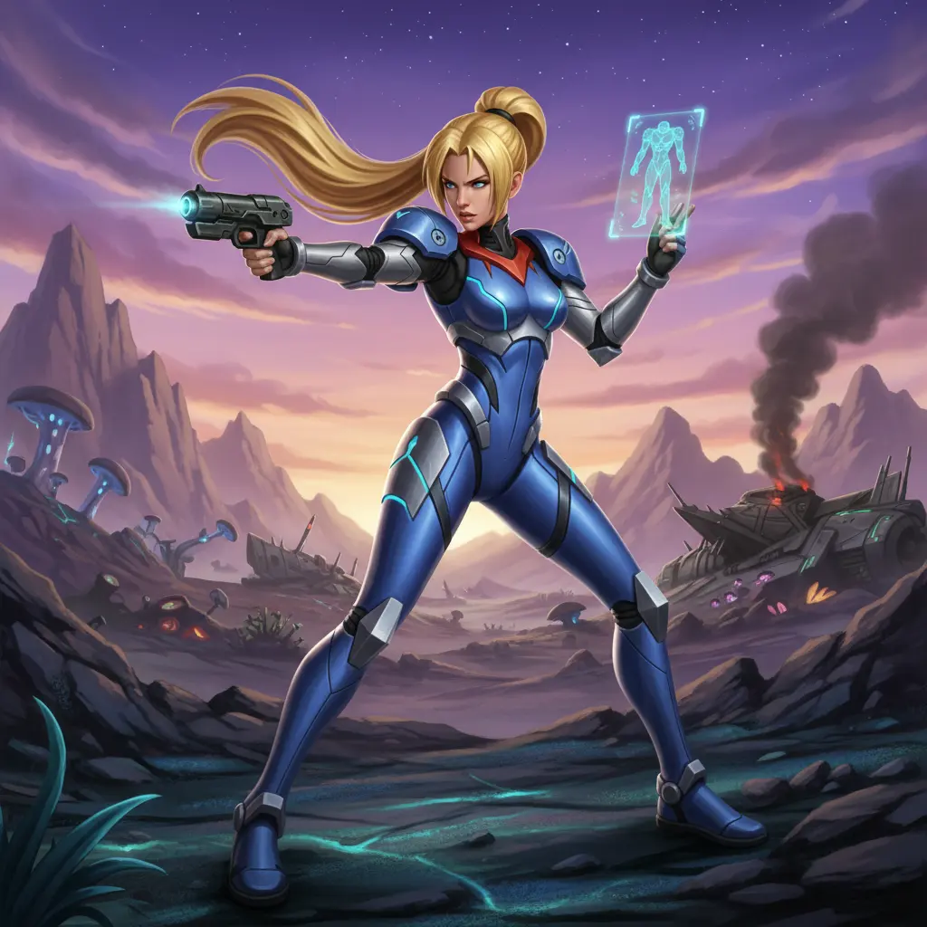 An action shot of Zero Suit Samus with a pistol and holographic display, amidst a destroyed alien landscape.