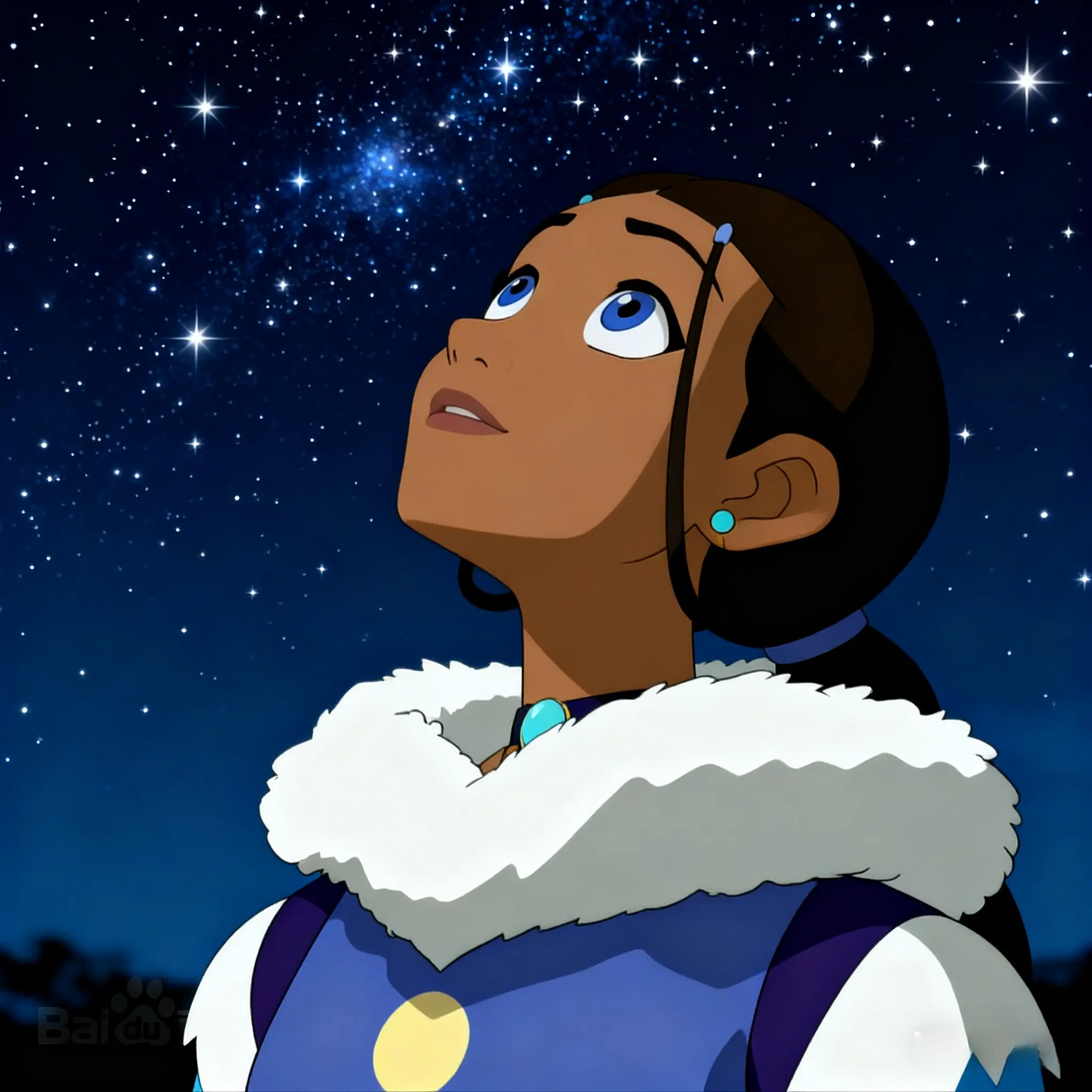Katara gazing at starry night sky with awe