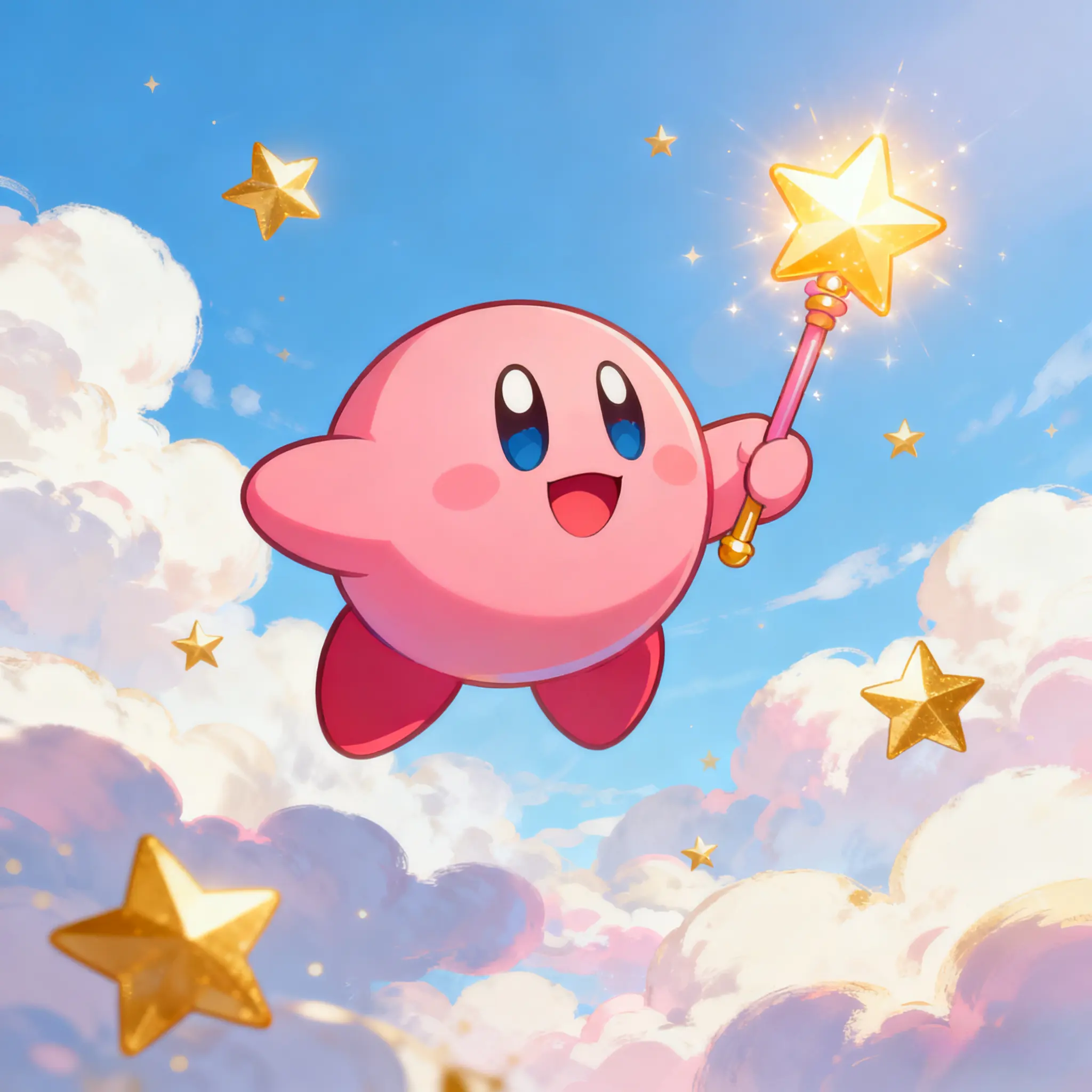 Kirby with star wand, floating in starry sky with clouds