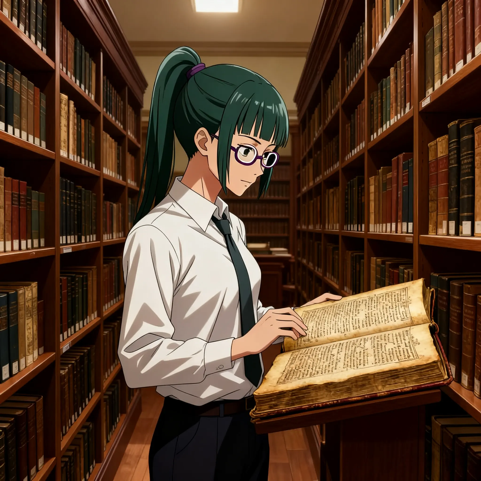 Ghibli-style fan art of Zenin Maki reading an ancient book in a quiet library.