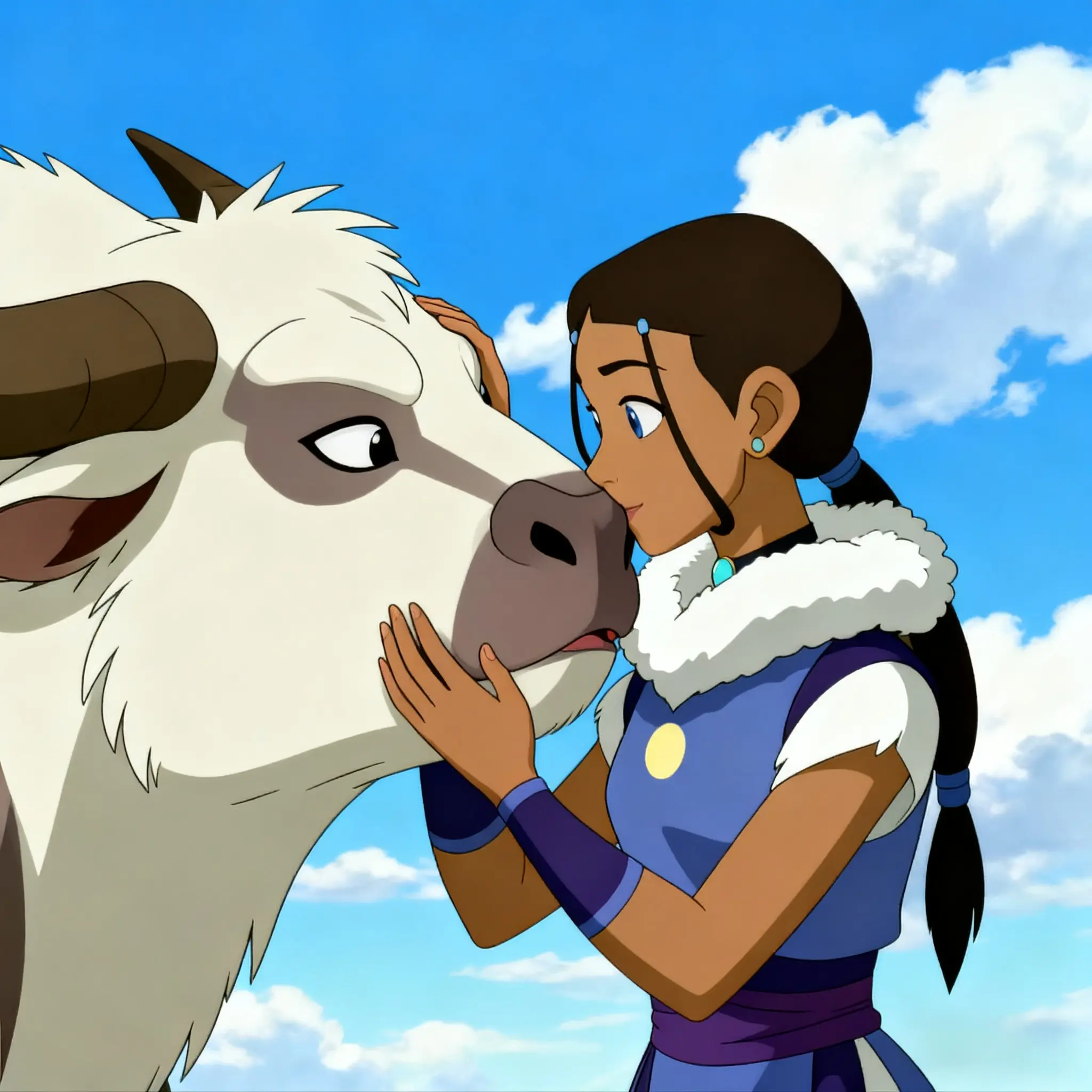 Katara bonding with a furry animal under blue sky