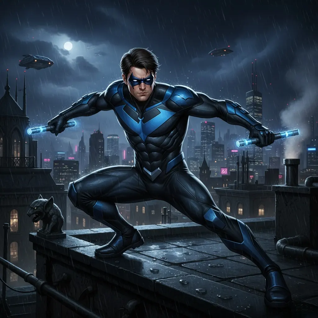 A striking full-body shot of Nightwing in a dynamic pose, ready for action.
