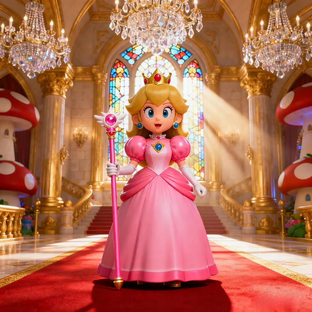 The image depicts her wearing a casual blue dress with a white apron, holding a basket of strawberries, set against a cozy cottage backdrop with a wooden fence and red roses climbing nearby.