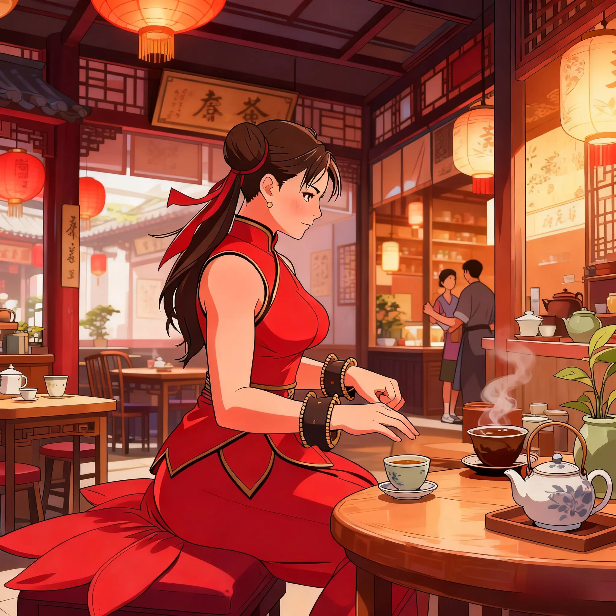 An anime style fan art of Chun-Li in a vibrant red cheongsam enjoying tea in a traditional teahouse.