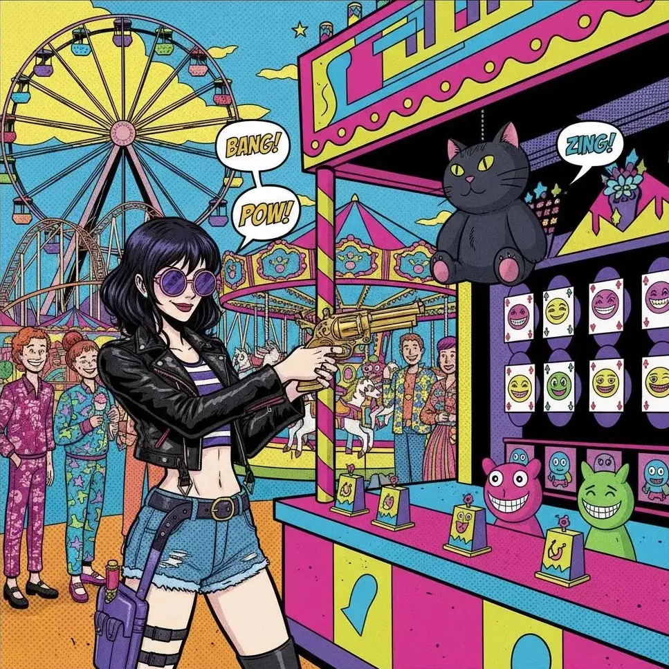 Bayonetta from Bayonetta 2 at a whimsical carnival, pop art style.