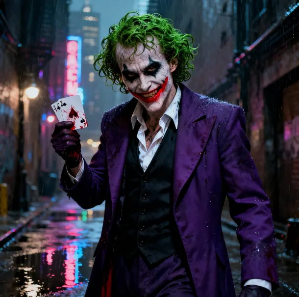 Pale-faced Joker with sharp grin, green hair, dark eyes—chaotic charm in gothic city glow.