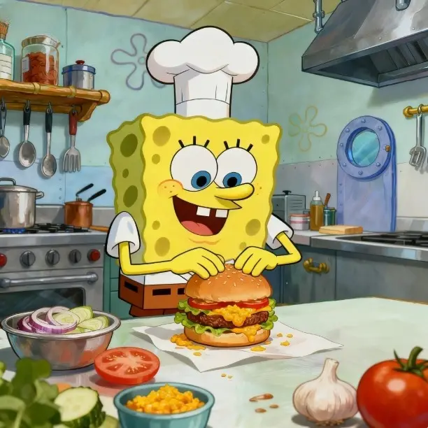 SpongeBob in chef hat makes Krabby Patty in Krusty Krew kitchen with ingredients and utensils.