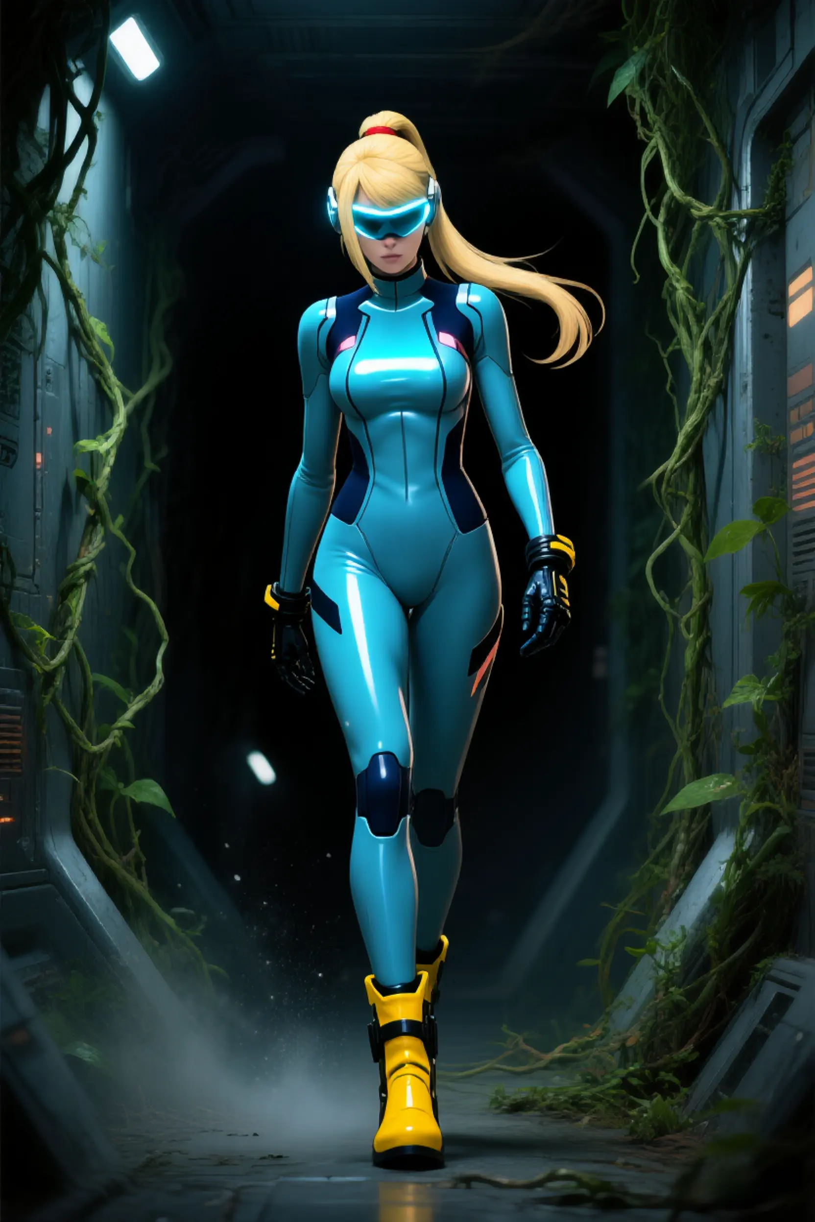 Zero Suit Samus walks through overgrown space station corridor, cyberpunk style.