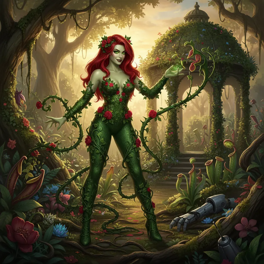 A vibrant image of Poison Ivy, with flowing red hair, adorned in a plant-based costume.