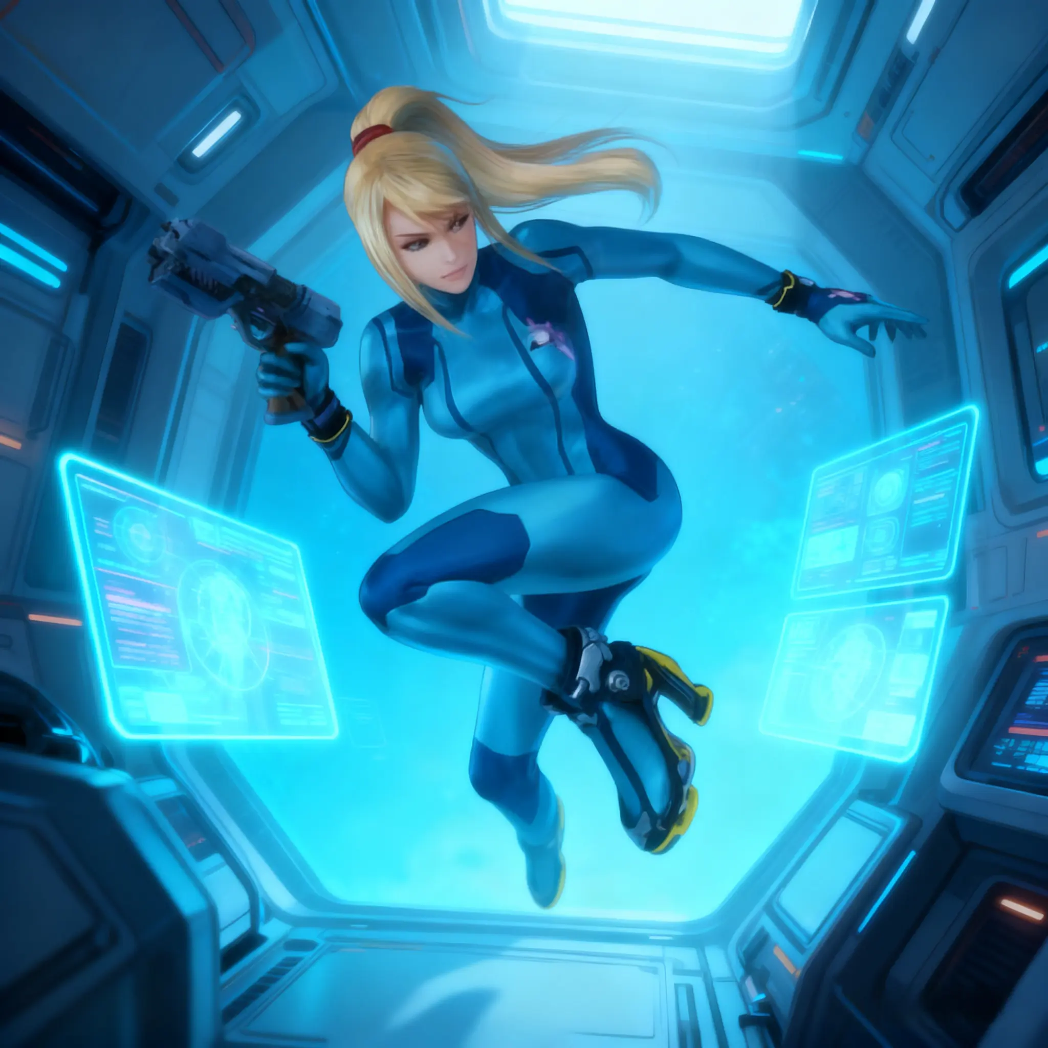 Zero Suit Samus floats in zero-gravity ship, holographic screens, serene digital art.