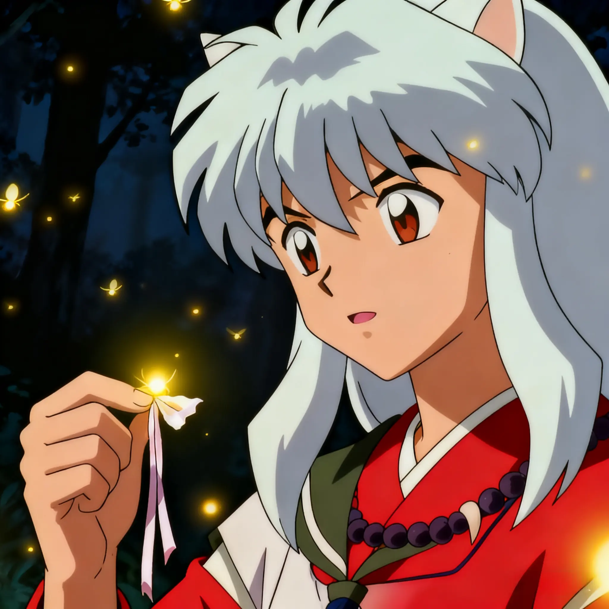 Inuyasha holds Kagome's ribbon, fireflies in dark forest