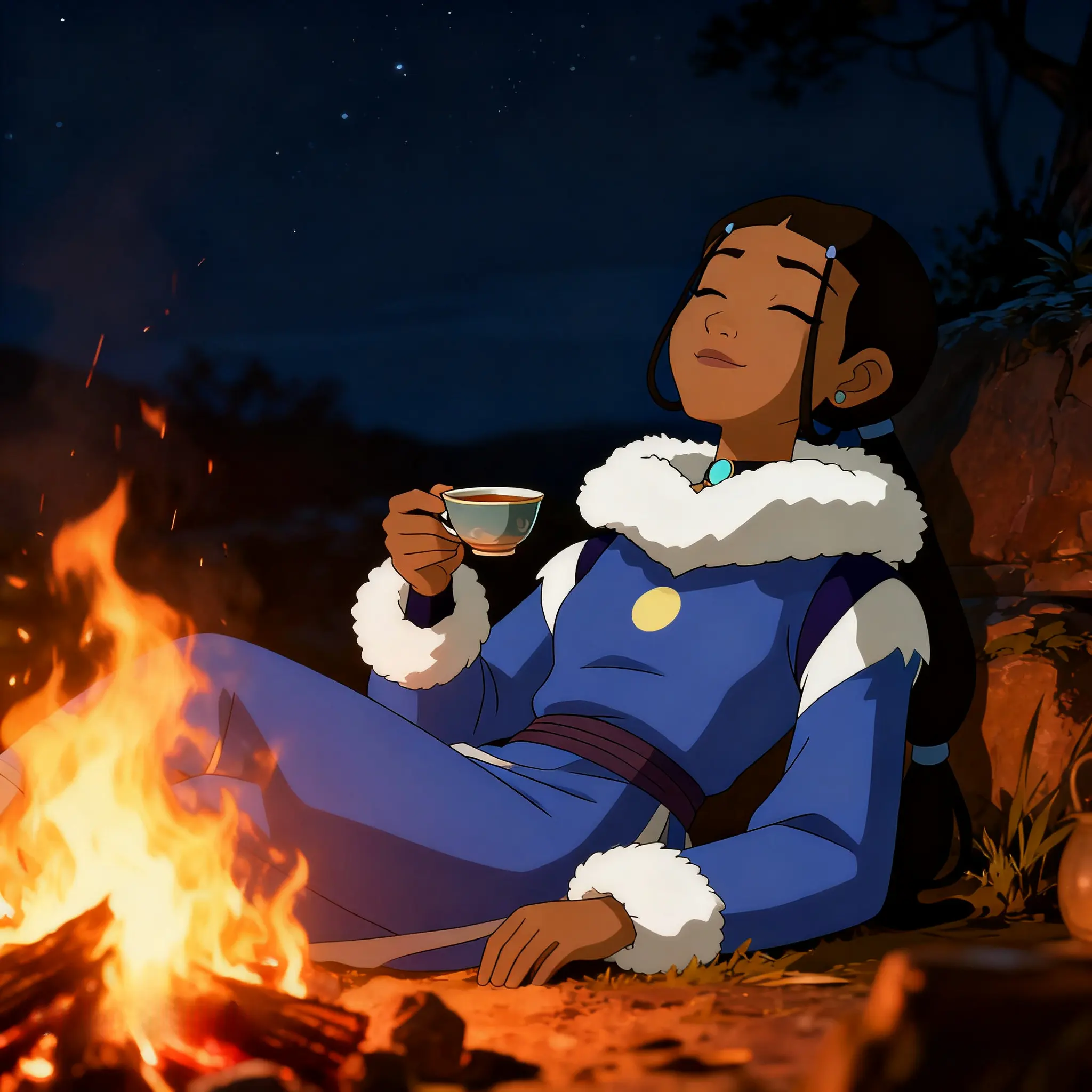 Katara relaxing by campfire, drinking tea at night