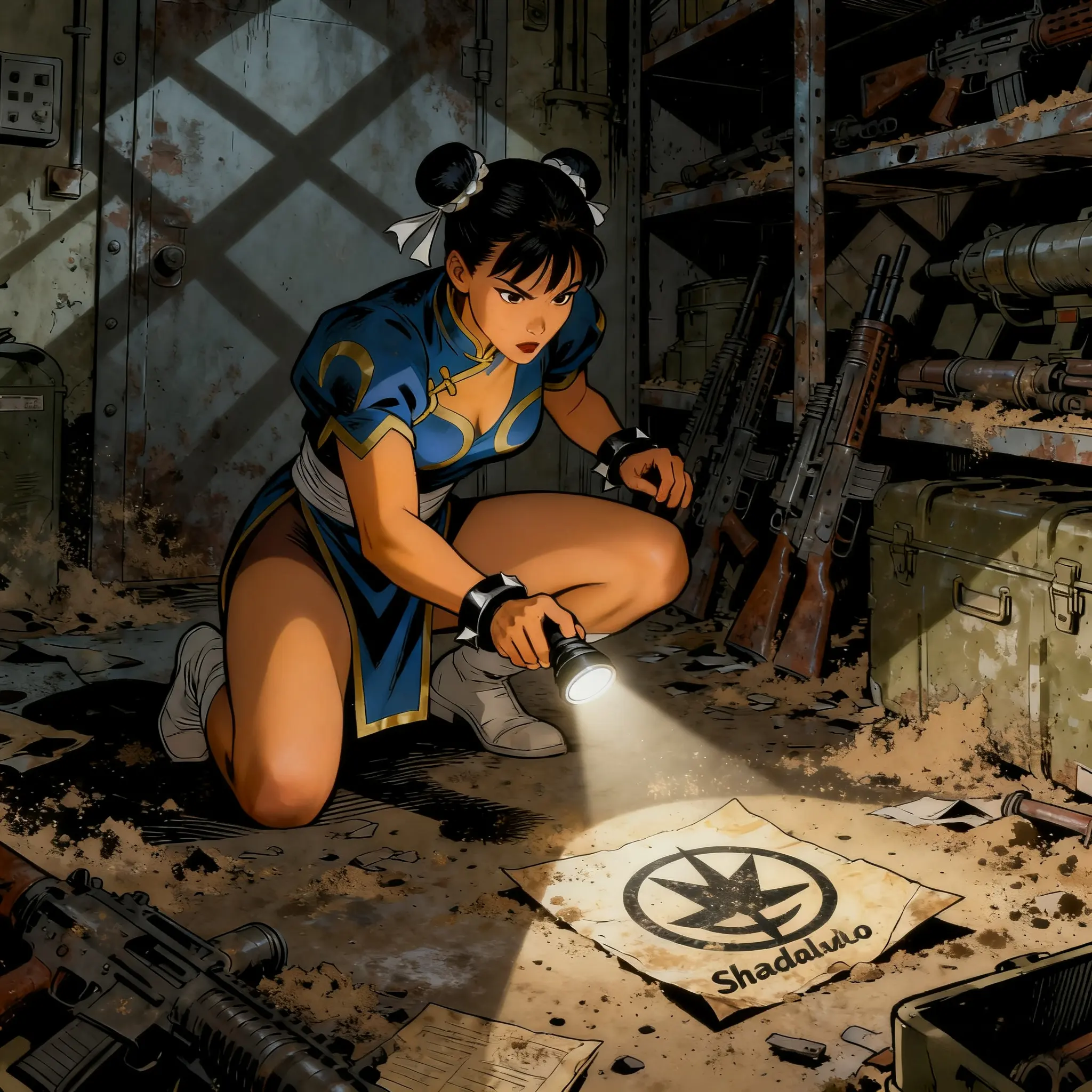 A detailed comic book style fan art of Chun-Li investigating an abandoned arsenal containing Shadaloo evidence.