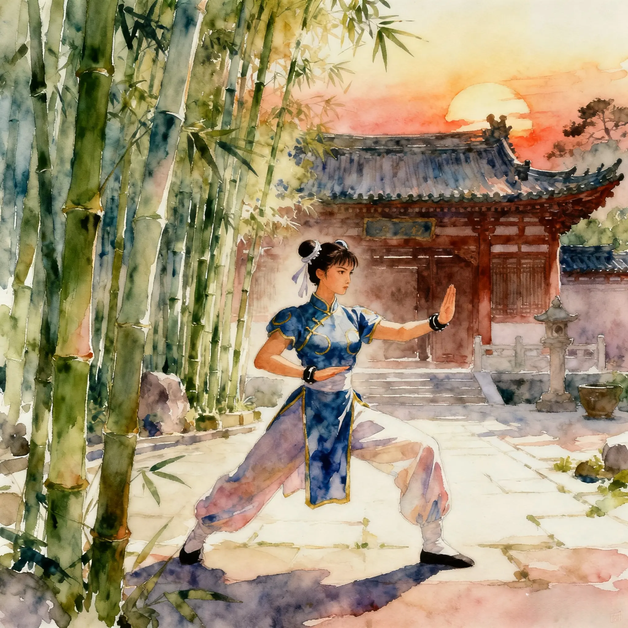 Fan art painting in watercolor style, showing Chun-Li performing Tai Chi movements in a serene temple garden surrounded by bamboo.