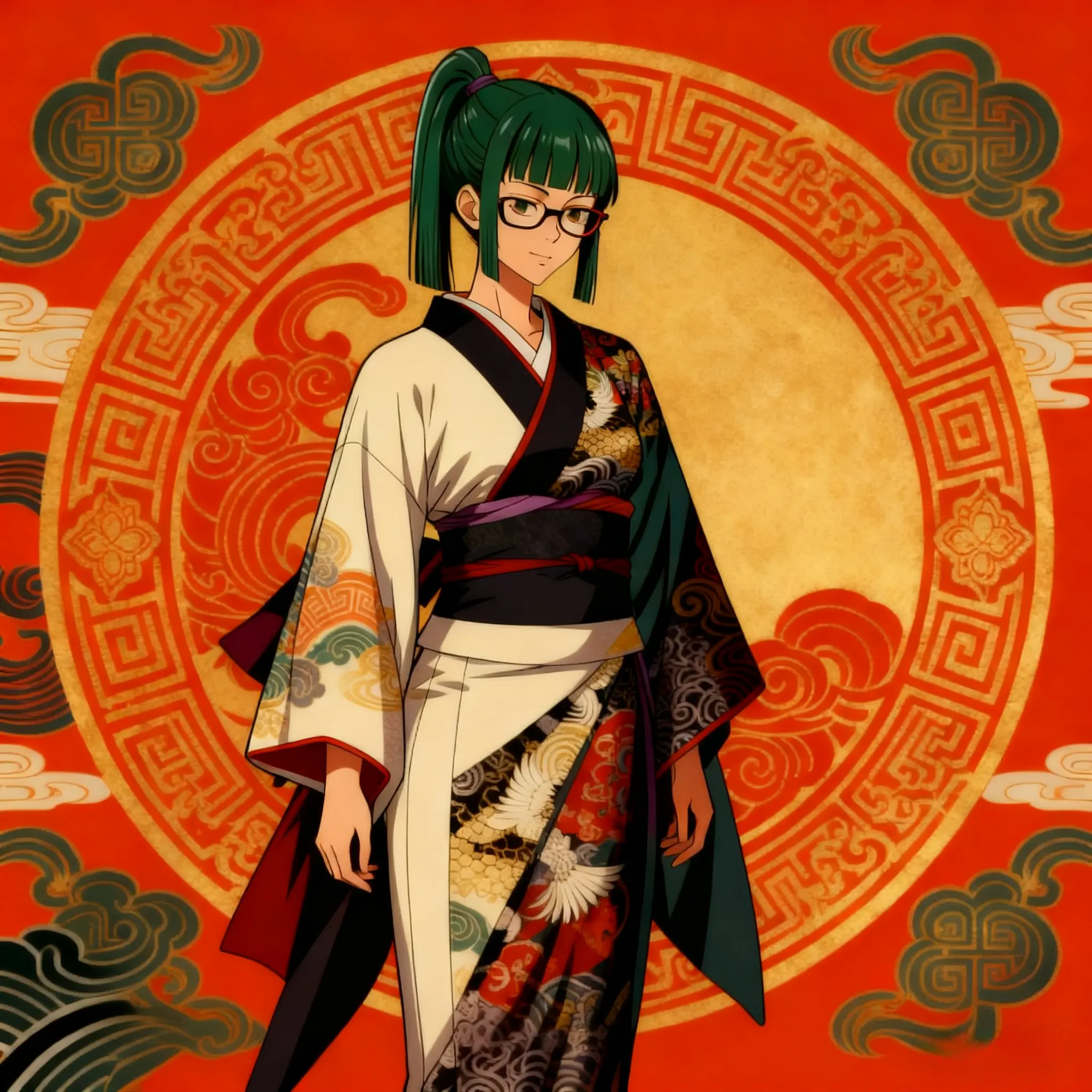 Zenin Maki in a dragon kimono with green ponytail, Japanese style.