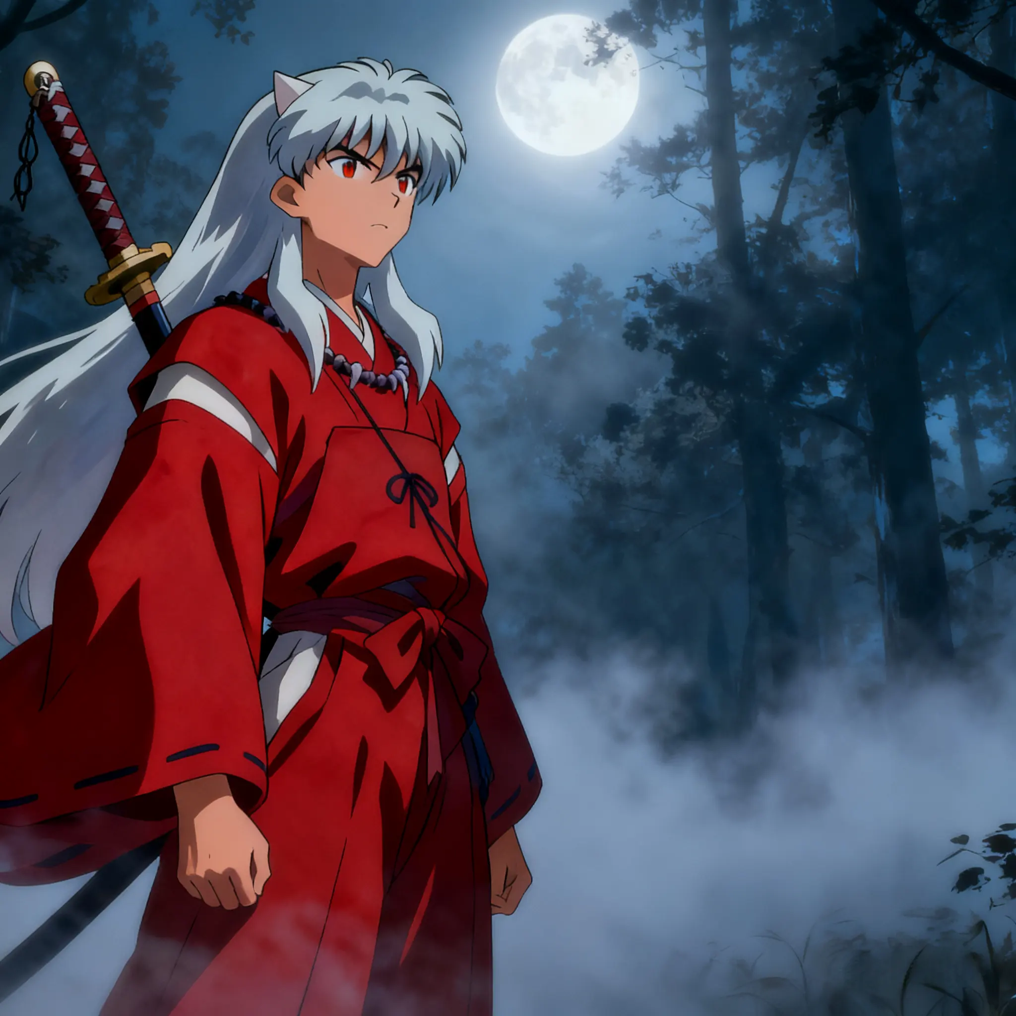 Inuyasha in red haori, misty forest under full moon