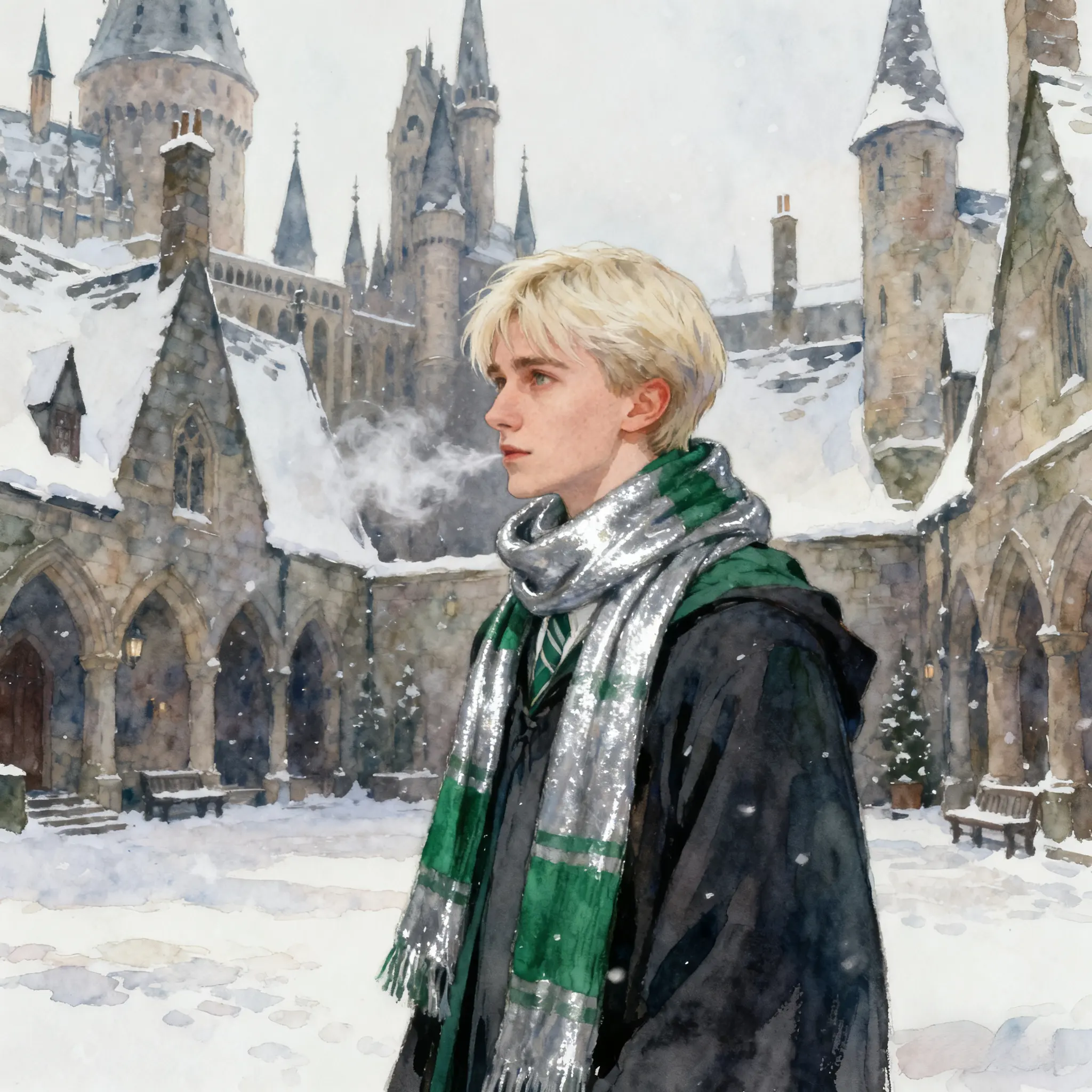 Draco in Hogwarts courtyard snow, watercolor portrait