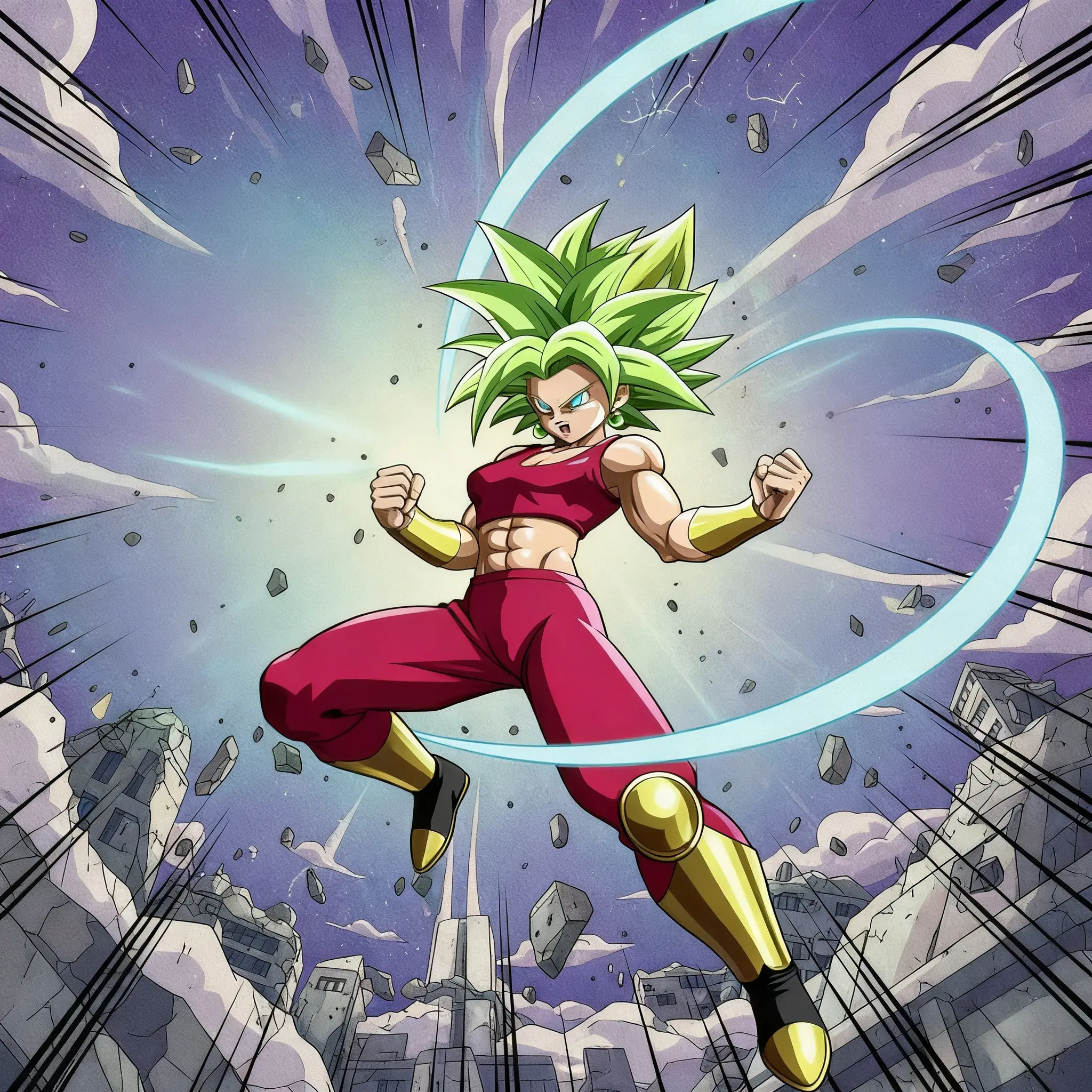 Kefla in Super Saiyan form, dynamic pose amidst destroyed city, vibrant Dragon Ball manga style