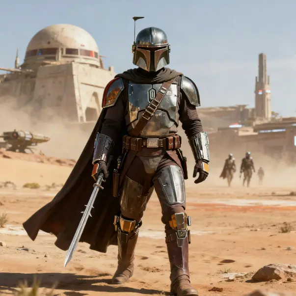 Mandalorian in armor with cape, holding sword, desert background, others walking behind