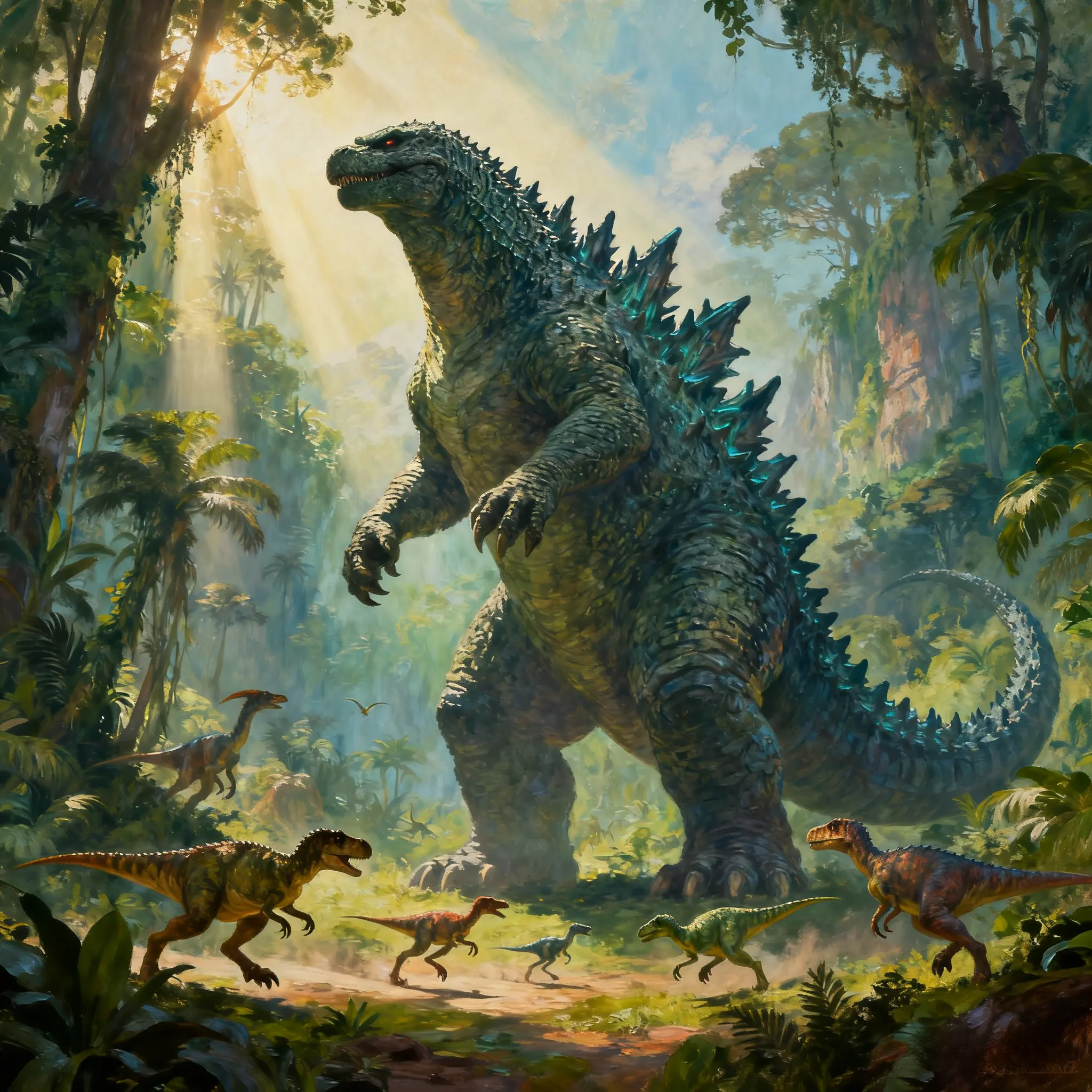 Godzilla in prehistoric jungle, dinosaurs around, painterly epic style