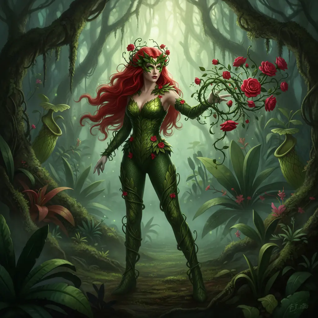 Poison Ivy stands in a lush, overgrown garden, surrounded by exotic plants and red roses.