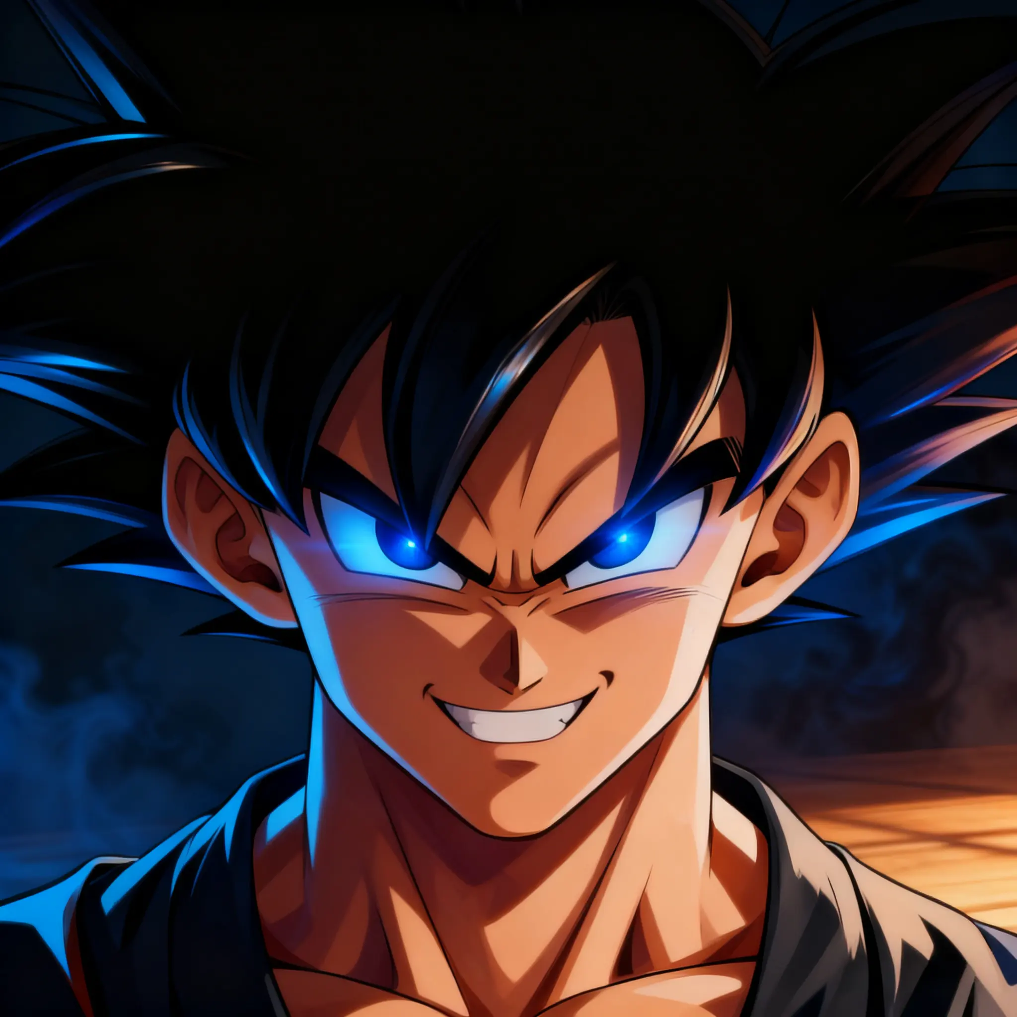 Goku with glowing blue eyes, intense smirk, Dragon Ball anime style close-up