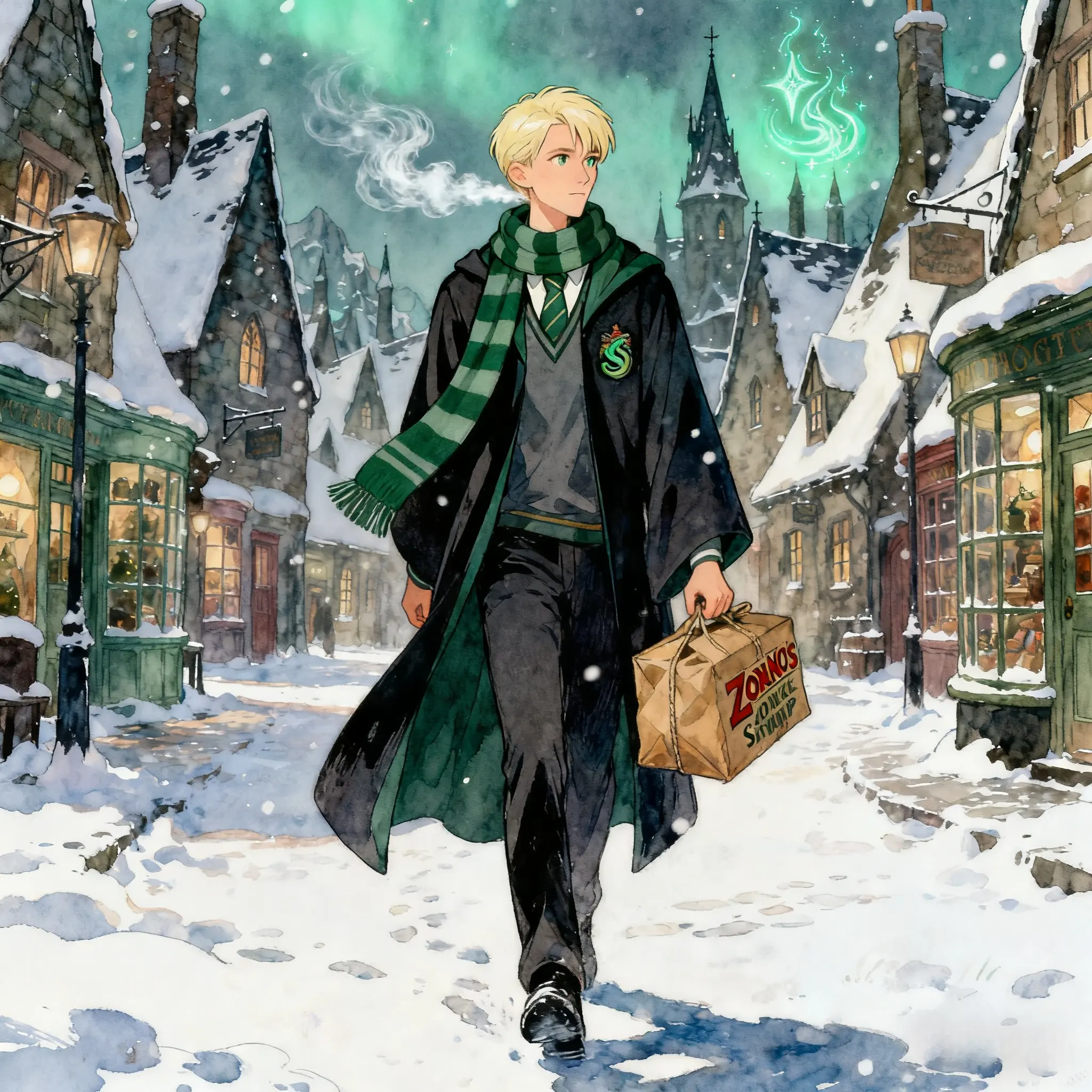 Draco Malfoy in snowy Hogsmeade, carrying Zonko's bag, watercolor style