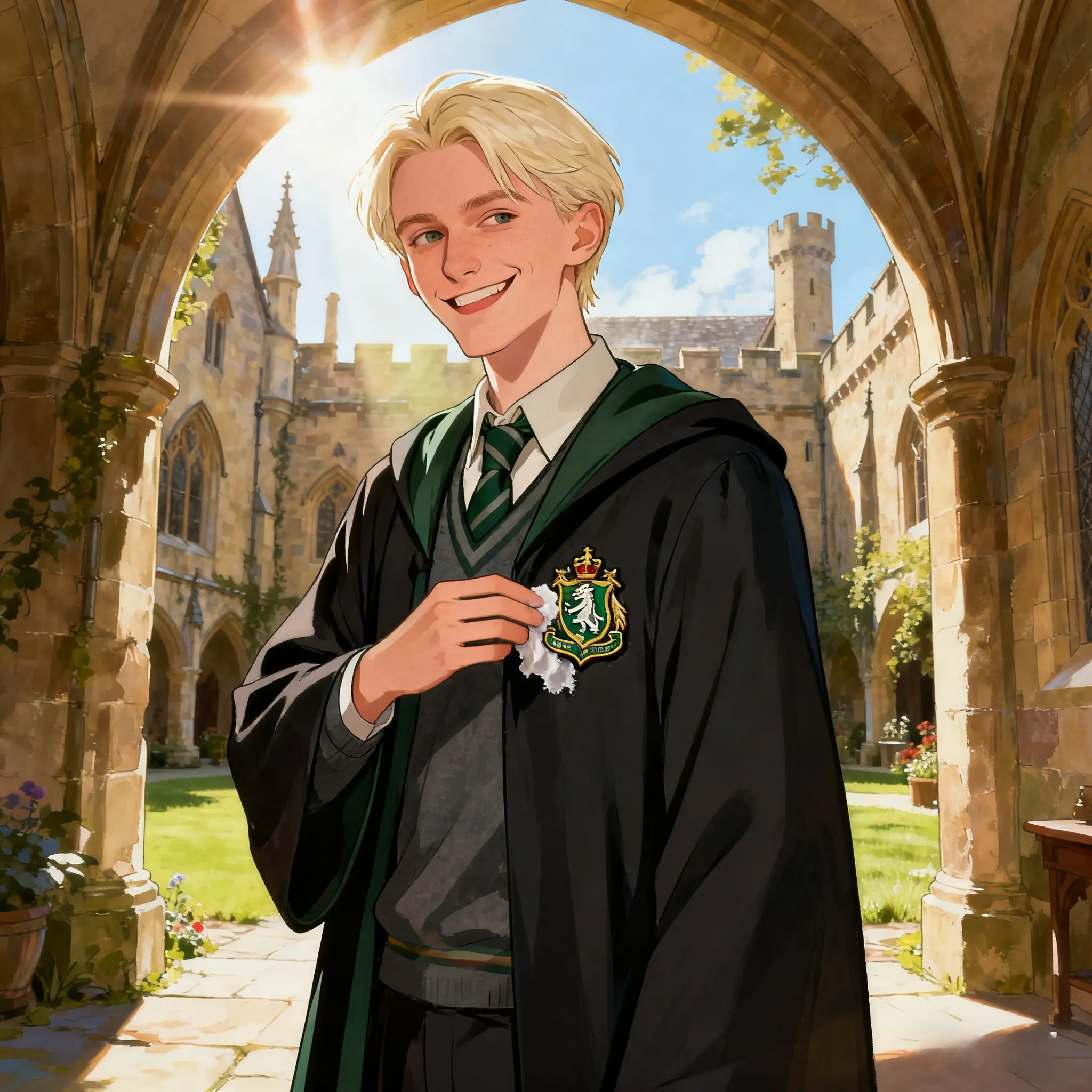 Draco polishes prefect badge in Hogwarts arch, bright anime style