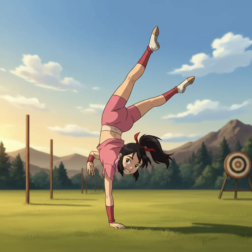 An energetic Ty Lee from Avatar: The Last Airbender performs a handstand in a sunny field.