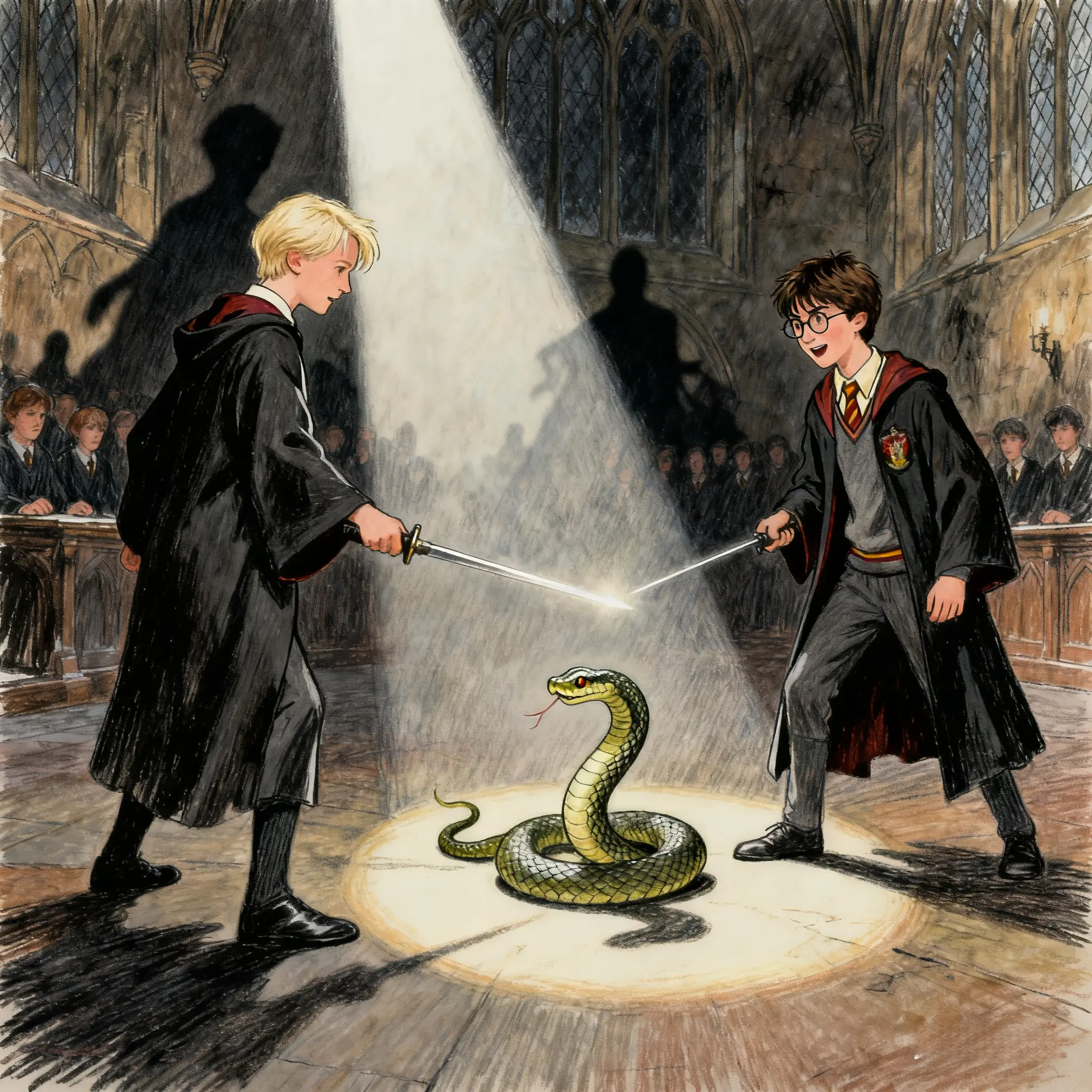 Draco and Harry duel with swords around snake, classic illustration