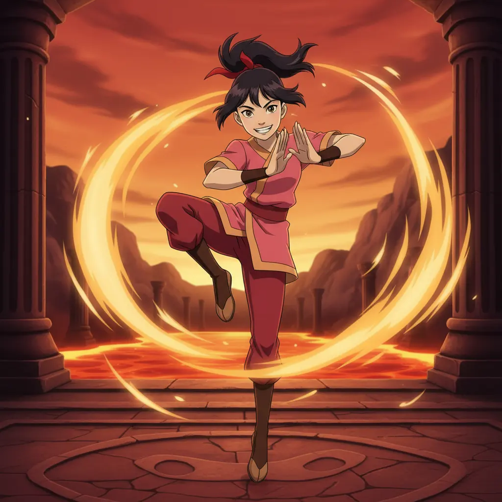 An energetic Ty Lee from Avatar: The Last Airbender in a martial arts pose with glowing chi.