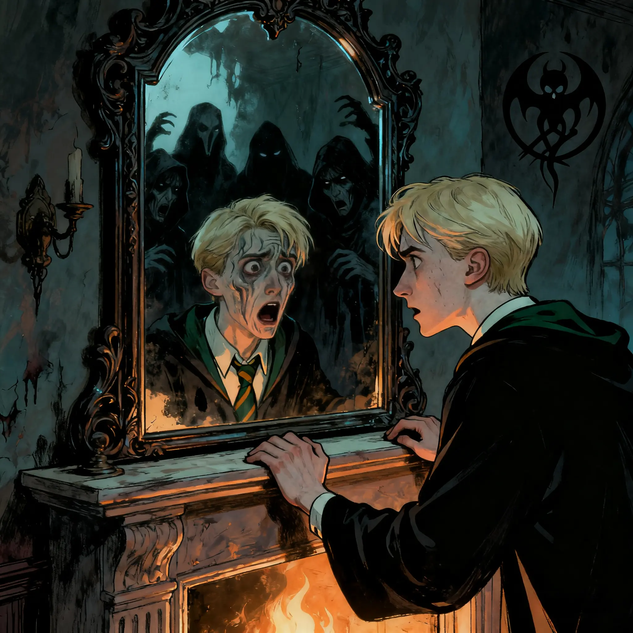 Draco faces horrifying reflection in gothic mirror, dark fantasy art