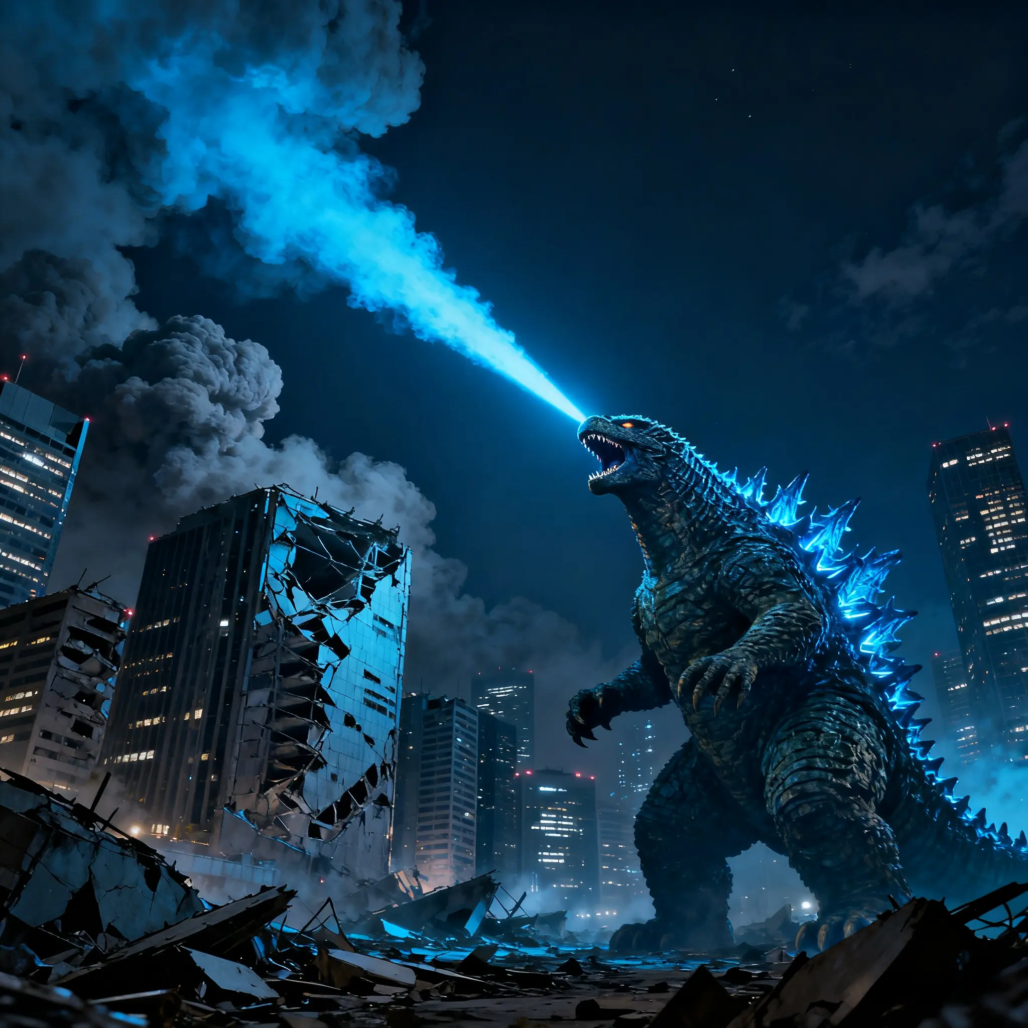 Godzilla unleashes atomic breath in ruined city at night, cinematic monster scene