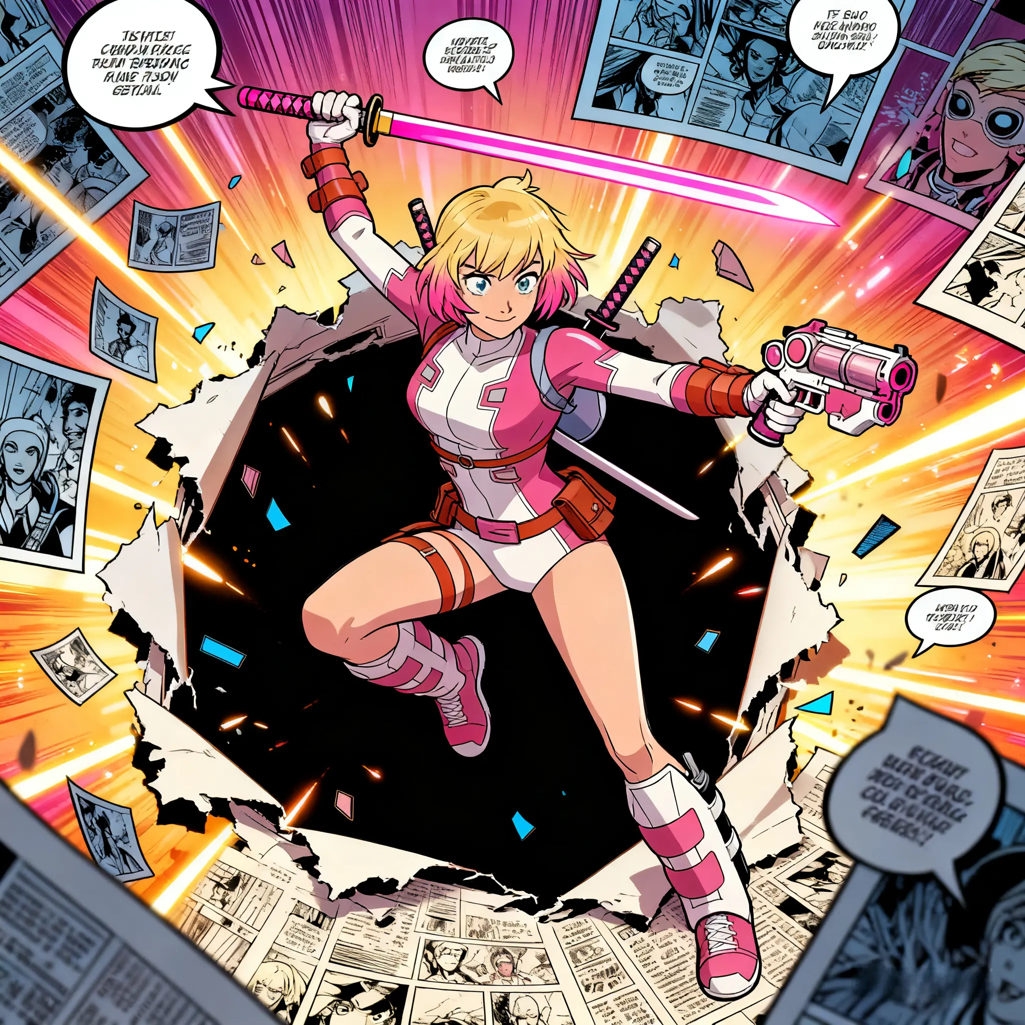 Gwenpool bursts through comic pages, katana and blaster, vibrant comic art style